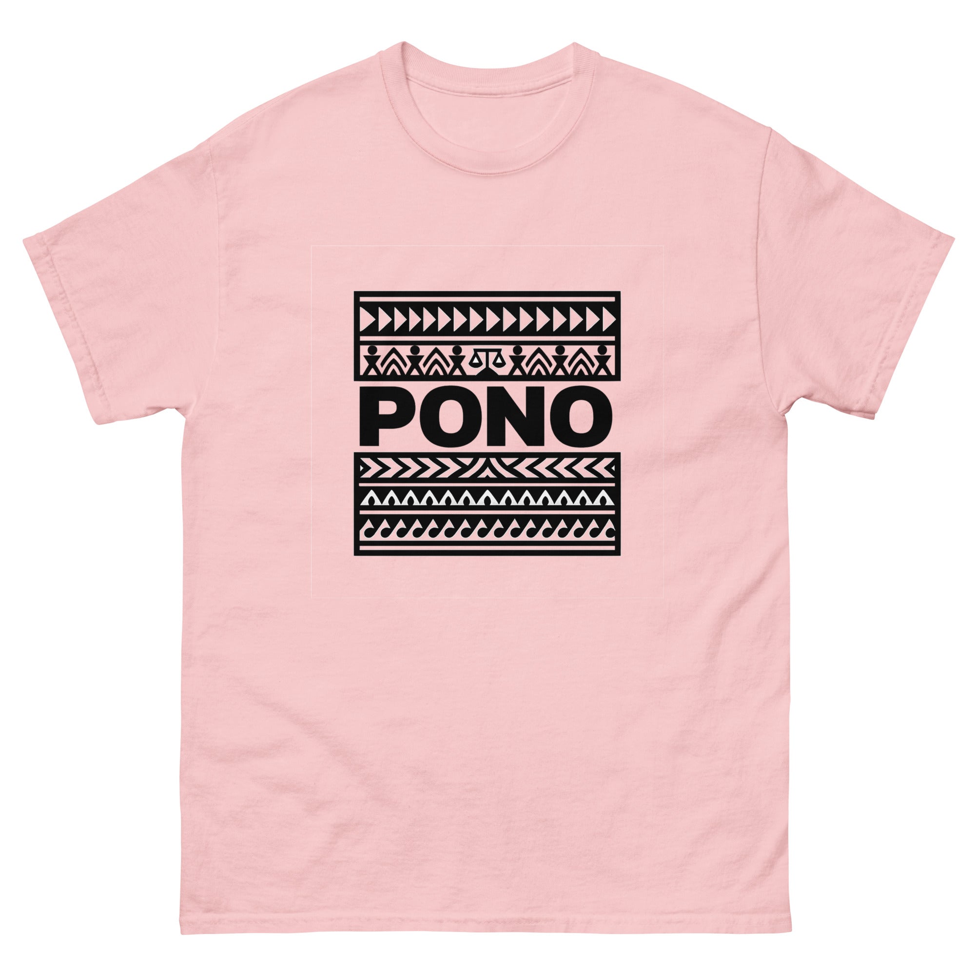 Pono Hawaiian t-shirt design on a Light Pink unisex tee