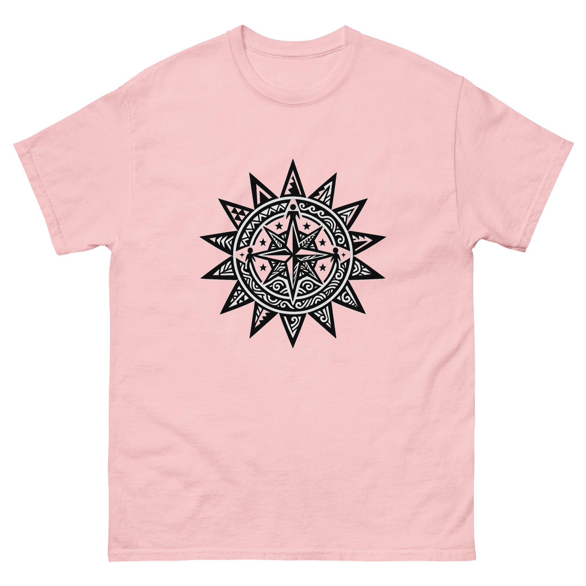 La Sun Compass Hawaiian t-shirt design on a Light Pink unisex tee