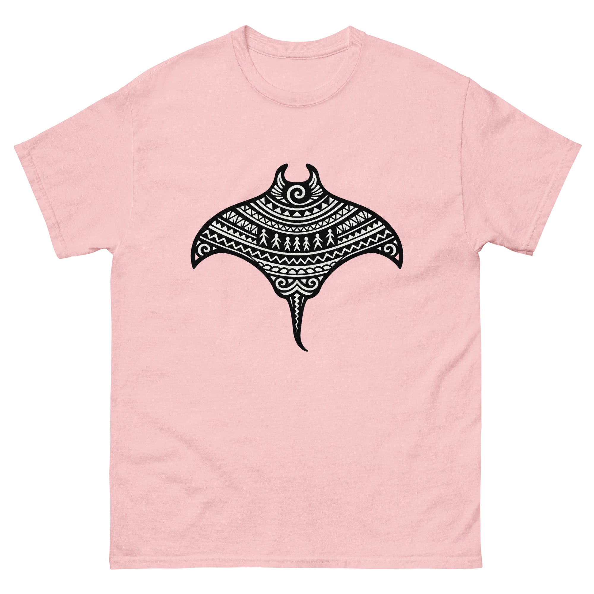 Manta Ray Kakau Hawaiian t-shirt design on a Light Pink unisex tee
