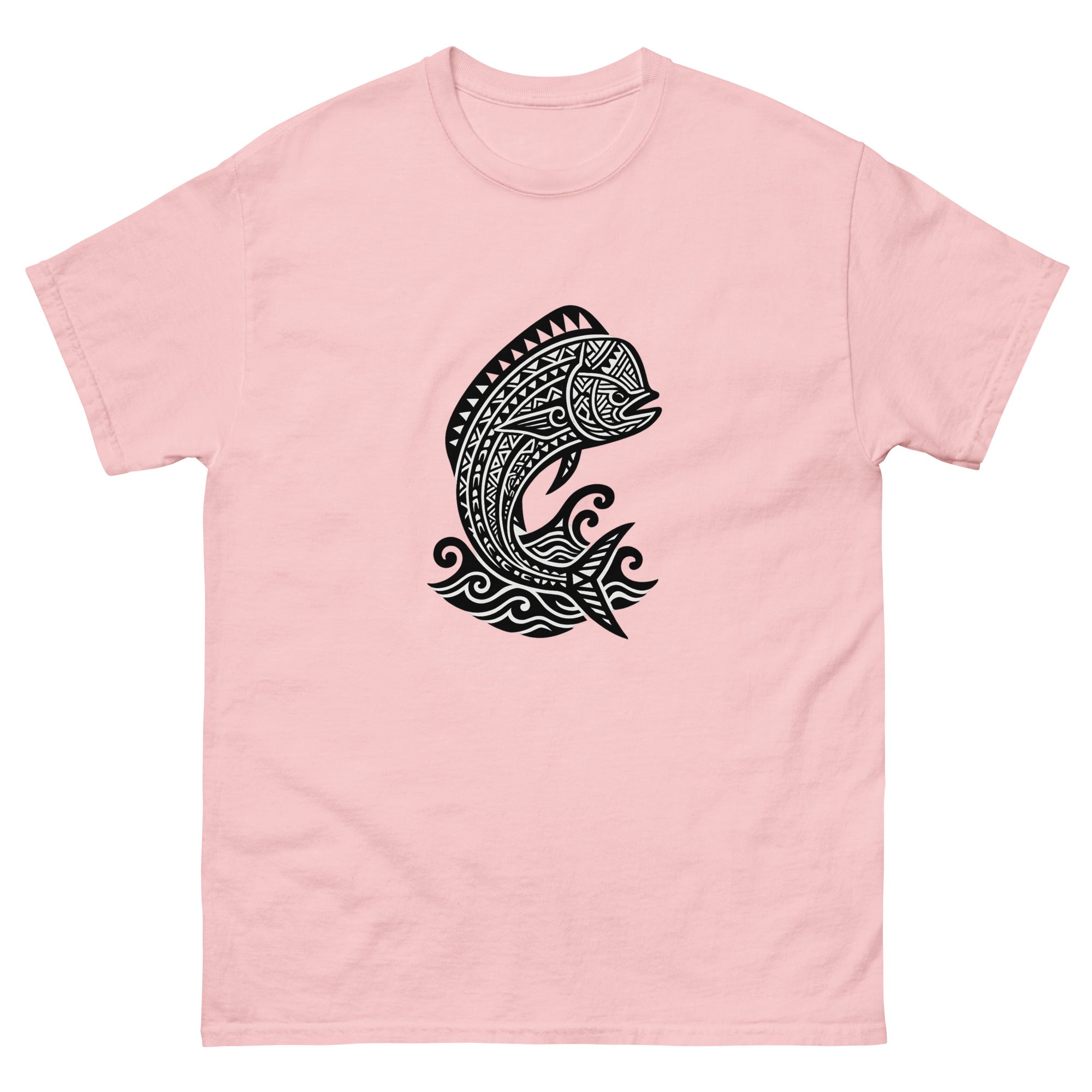 Mahimahi Kakau Hawaiian t-shirt design on a Light Pink unisex tee