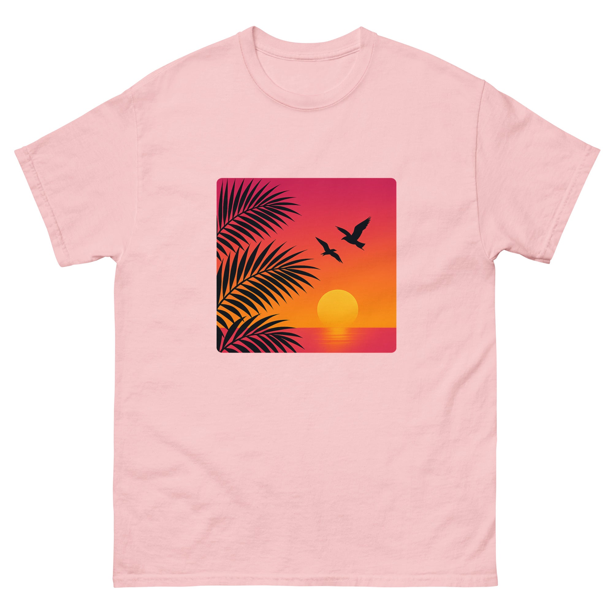 Sunset Palms Silhouette Hawaiian t-shirt design on a Light Pink unisex tee