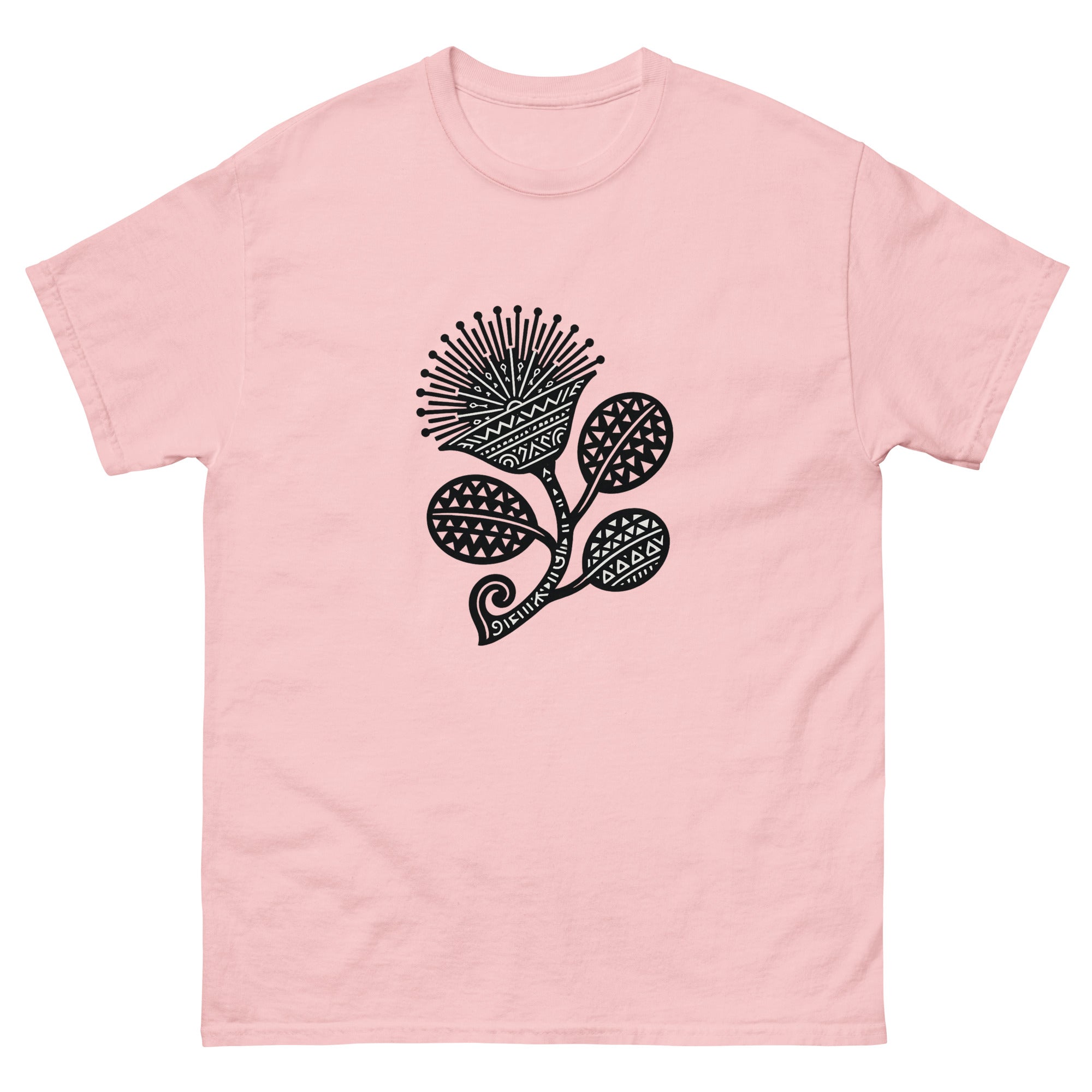 Lehua Kakau Hawaiian t-shirt design on a Light Pink unisex tee