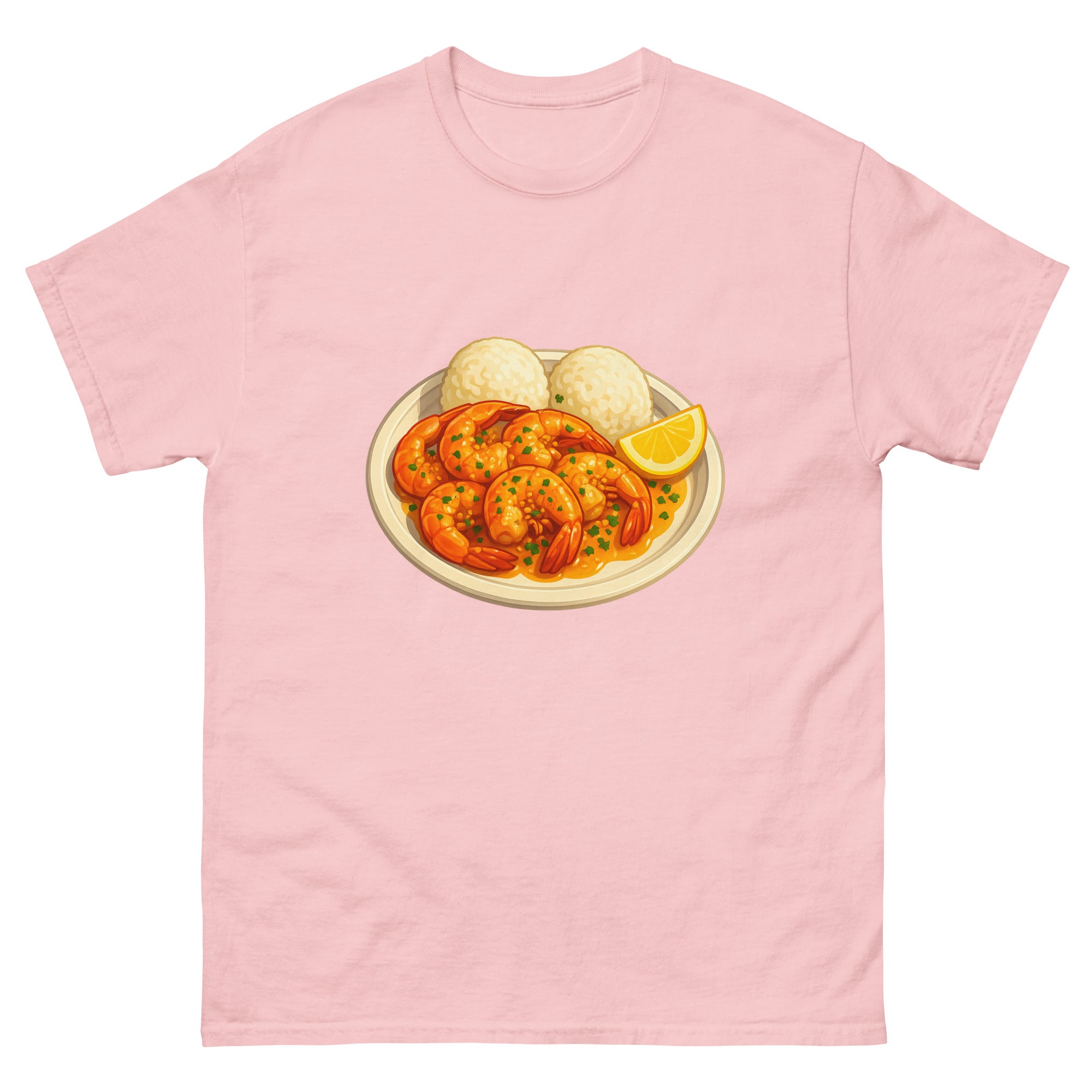Garlic Shrimp Plate Hawaiian t-shirt design on a Light Pink unisex tee