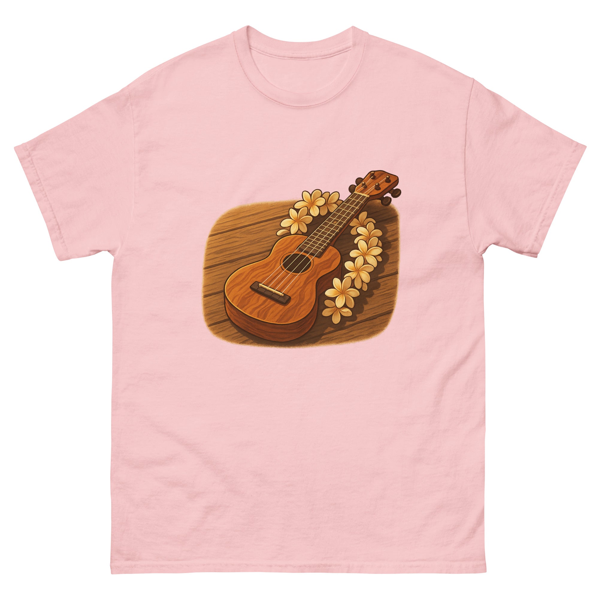 Ukulele And Lei Hawaiian t-shirt design on a Light Pink unisex tee