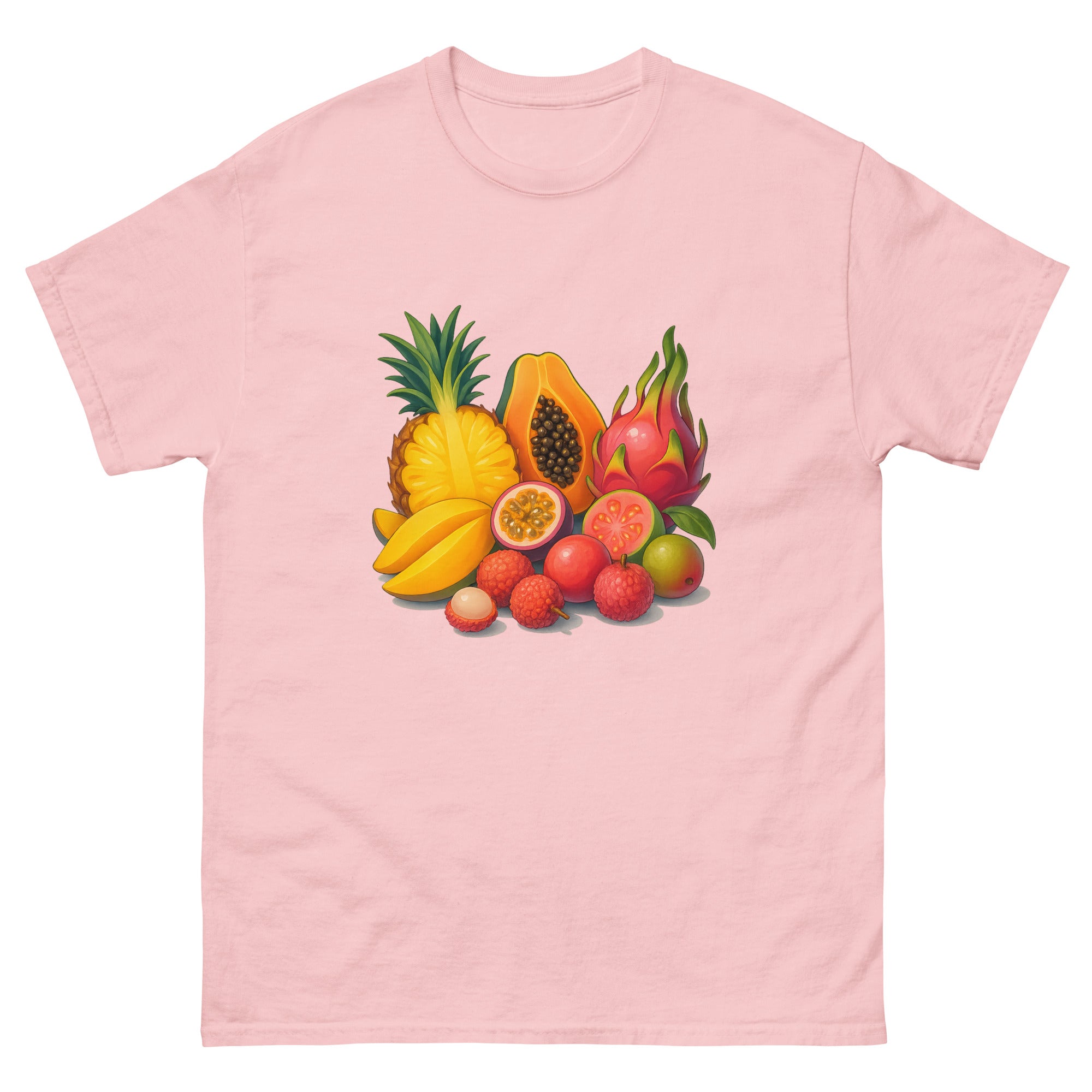 Tropical Fruit Spread Hawaiian t-shirt design on a Light Pink unisex tee