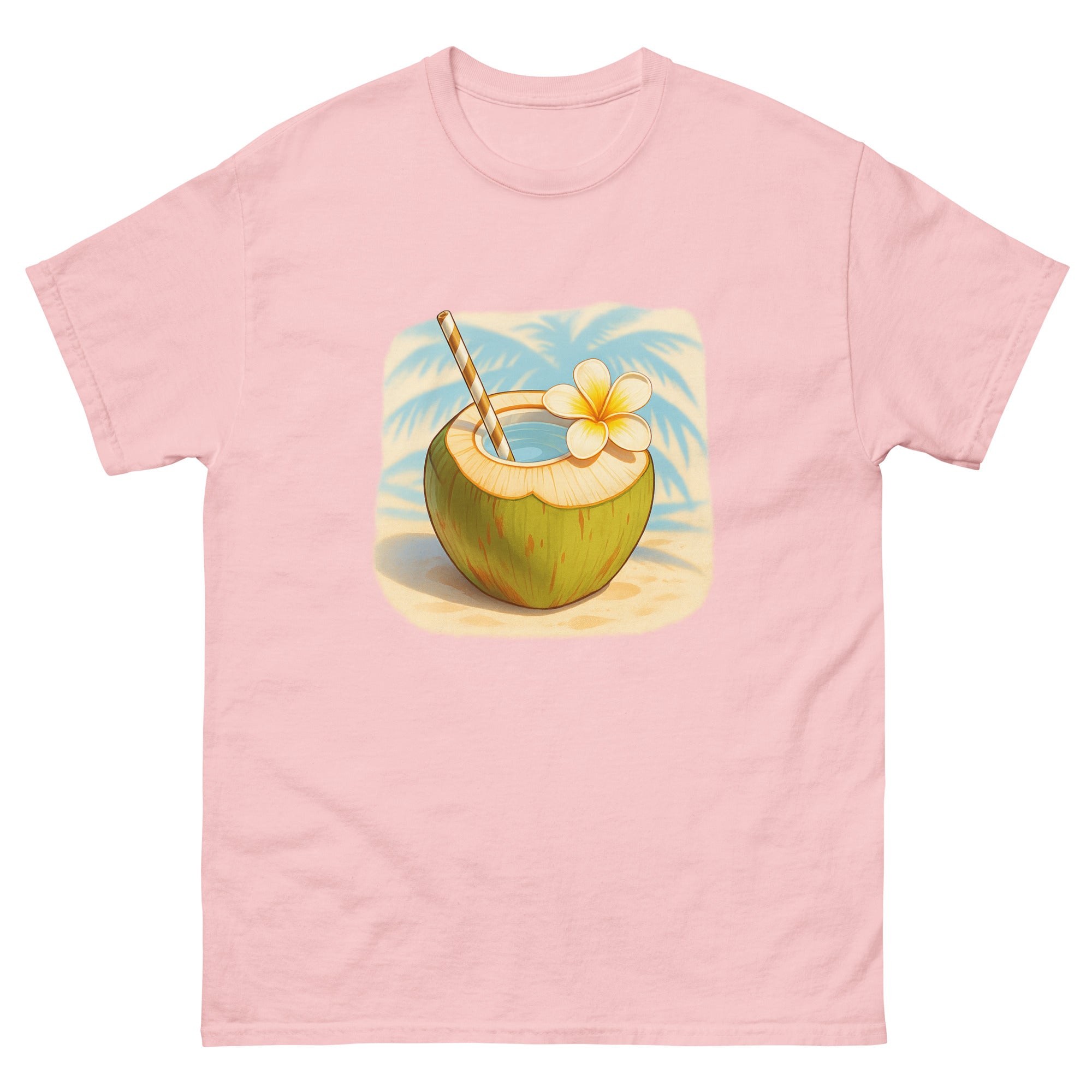 Coconut Drink Hawaiian t-shirt design on a Light Pink unisex tee