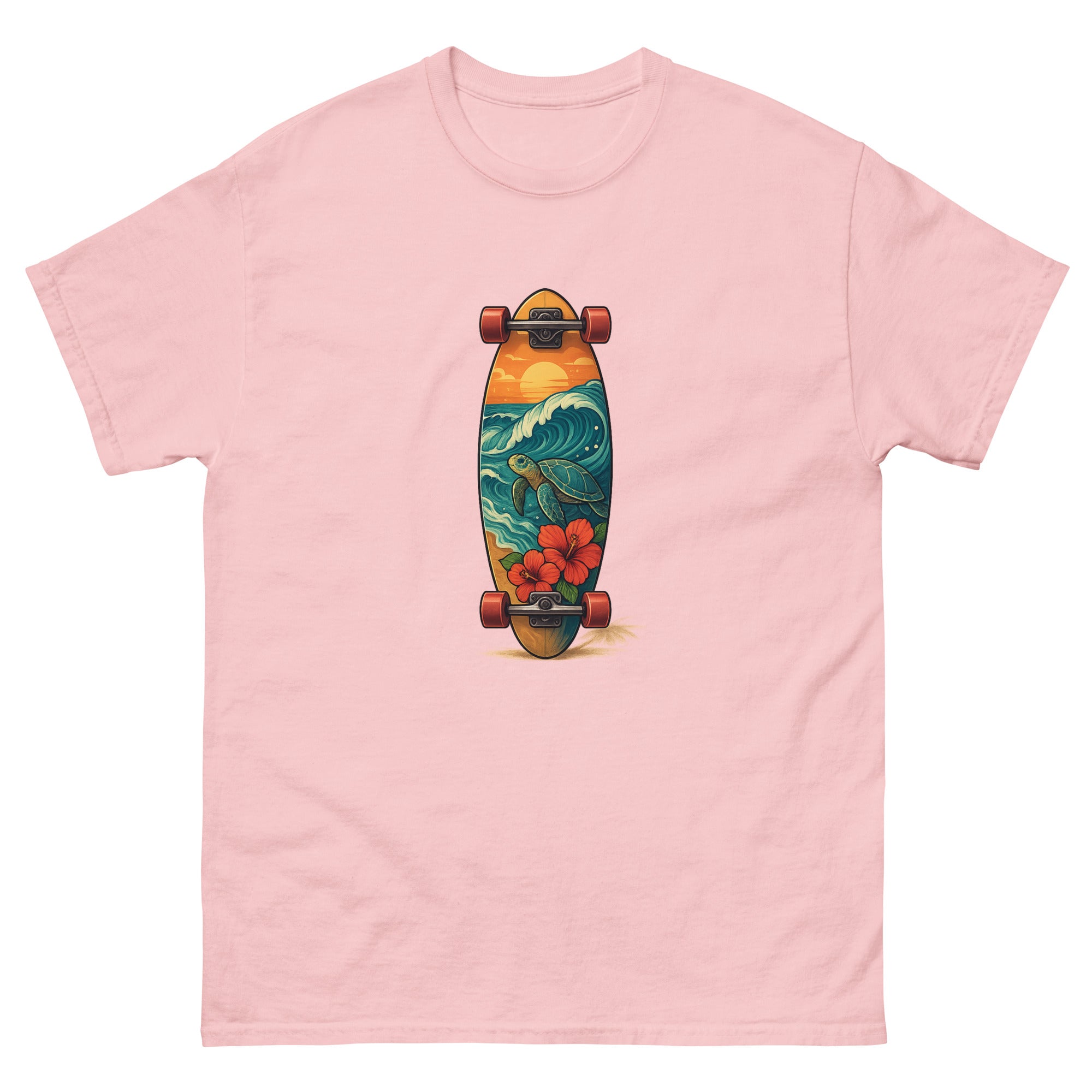 Surfboard Art Hawaiian t-shirt design on a Light Pink unisex tee
