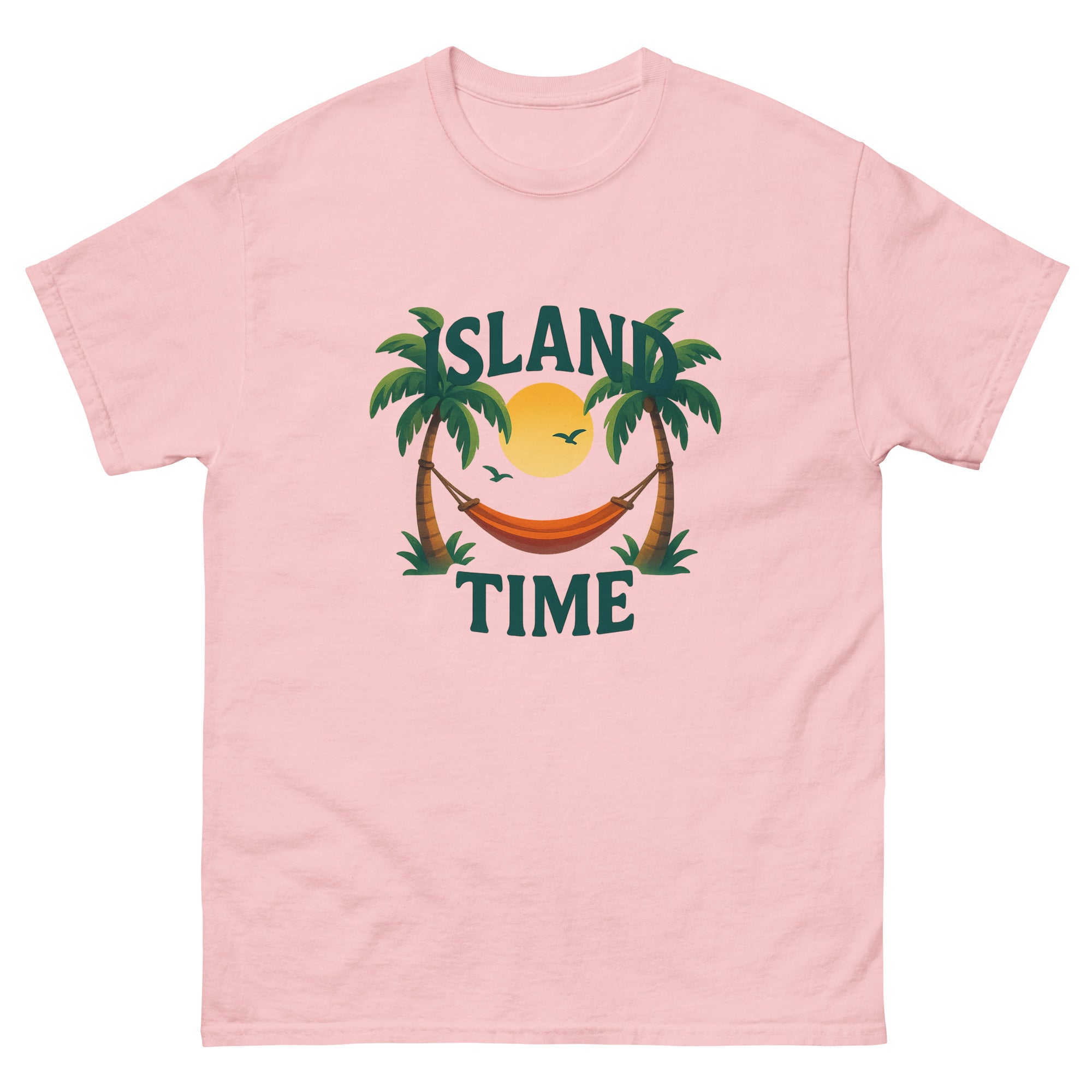 Island Time Type Hawaiian t-shirt design on a Light Pink unisex tee