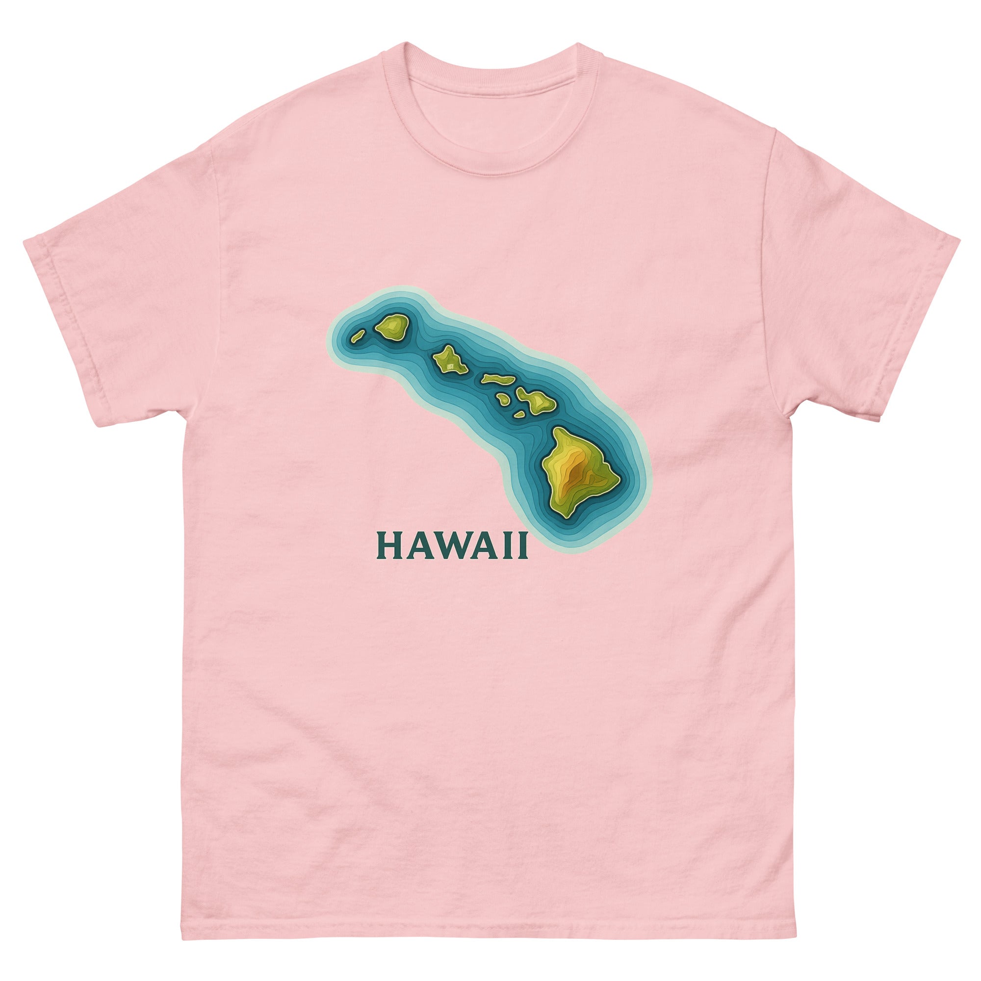 Hawaii Topographic Hawaiian t-shirt design on a Light Pink unisex tee