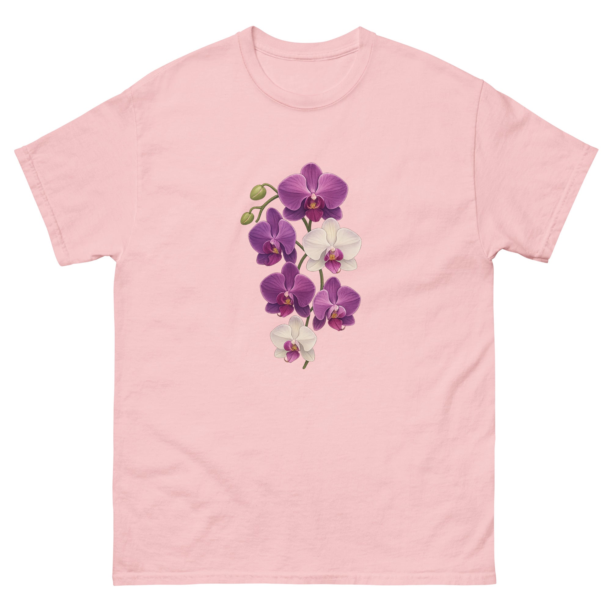Orchid Cascade Hawaiian t-shirt design on a Light Pink unisex tee