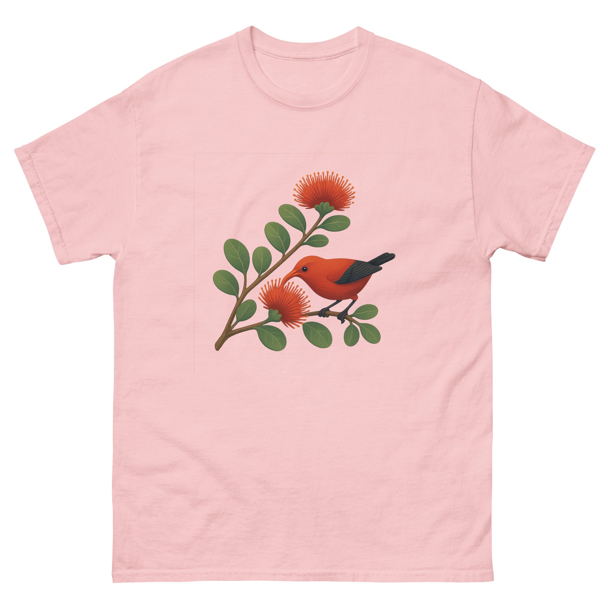 Ohia Lehua And Iiwi Hawaiian t-shirt design on a Light Pink unisex tee