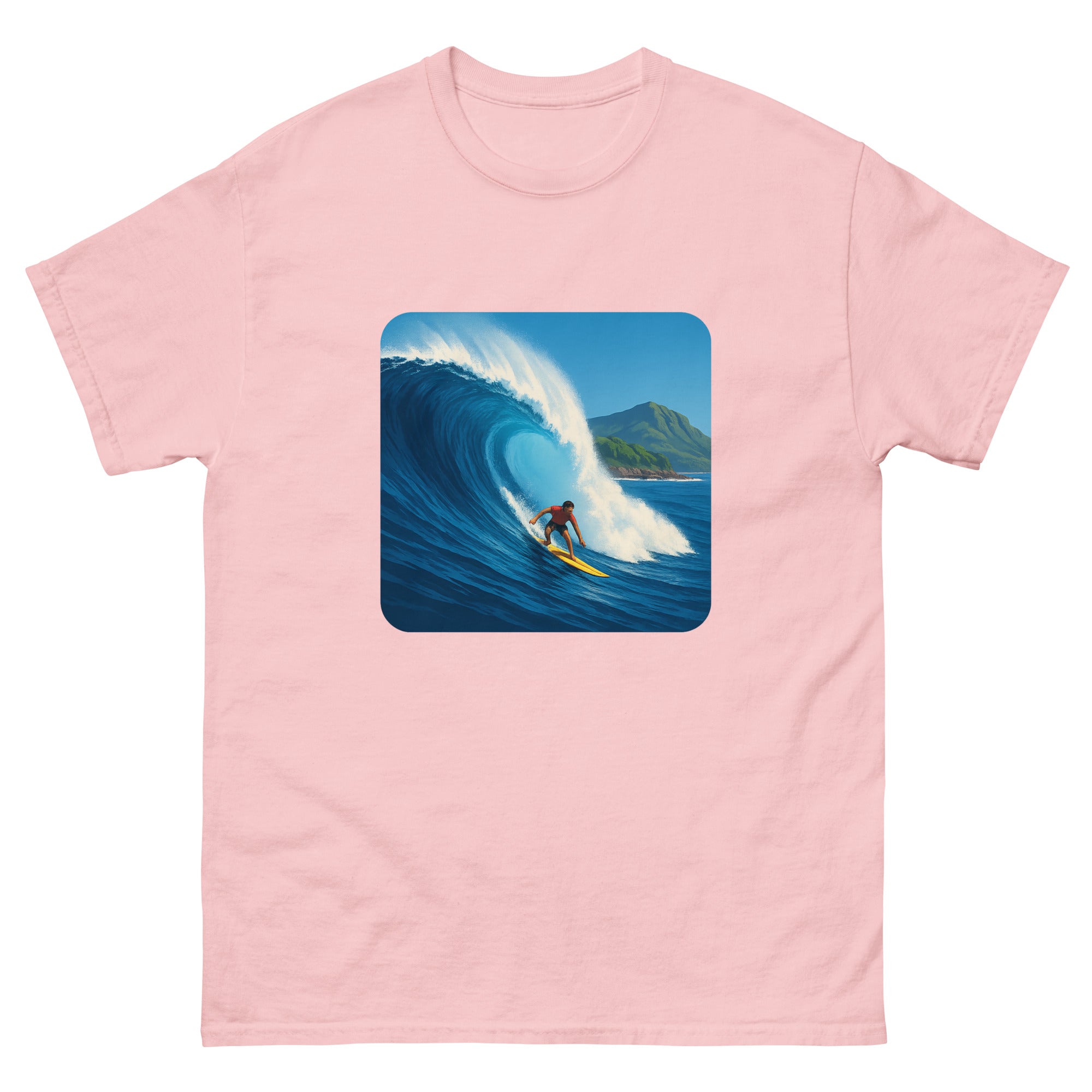 Waimea Bay Drop Hawaiian t-shirt design on a Light Pink unisex tee