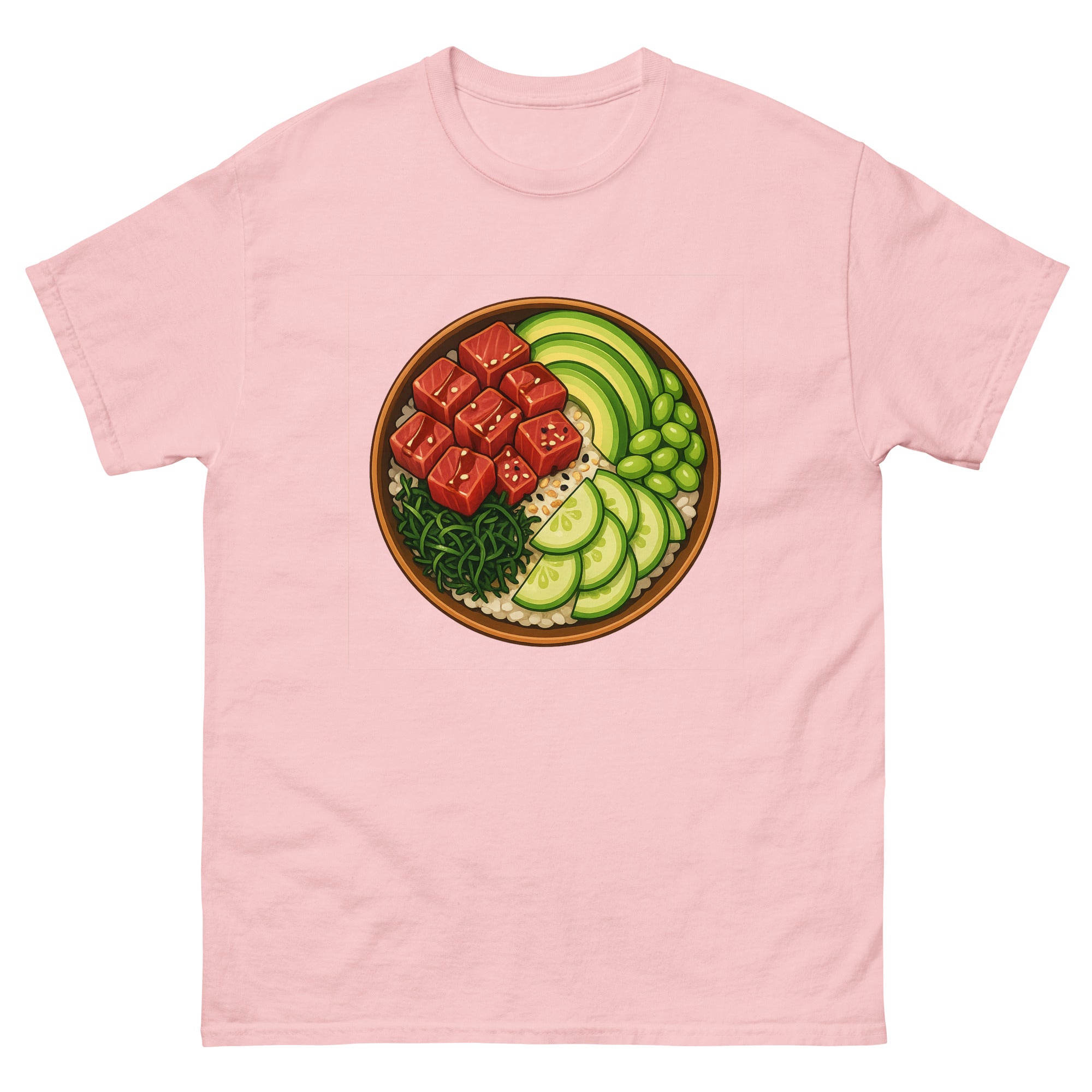 Poke Bowl Hawaiian t-shirt design on a Light Pink unisex tee