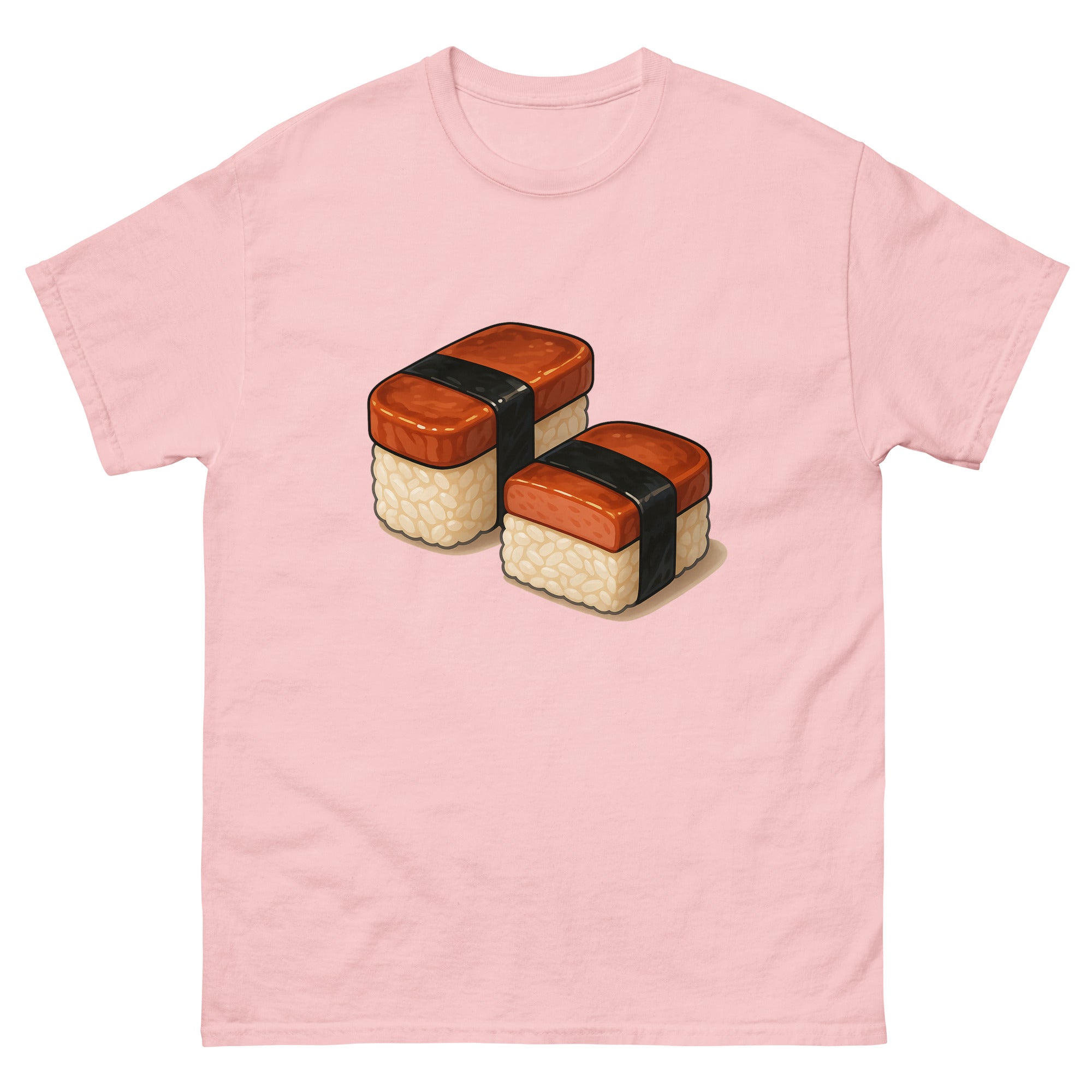 Spam Musubi Hawaiian t-shirt design on a Light Pink unisex tee