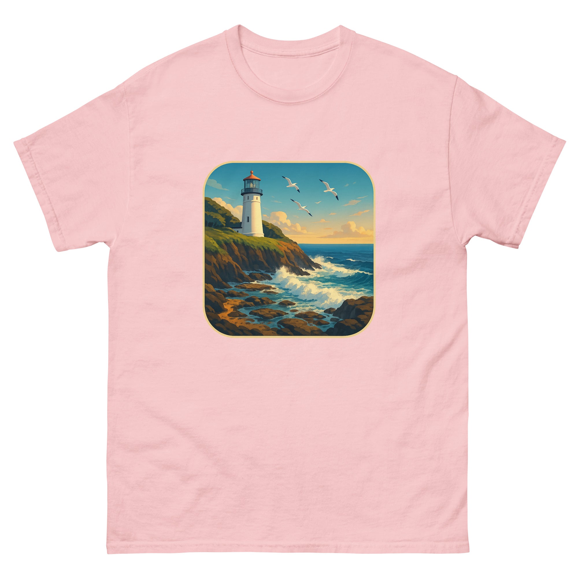 Lighthouse Point Hawaiian t-shirt design on a Light Pink unisex tee