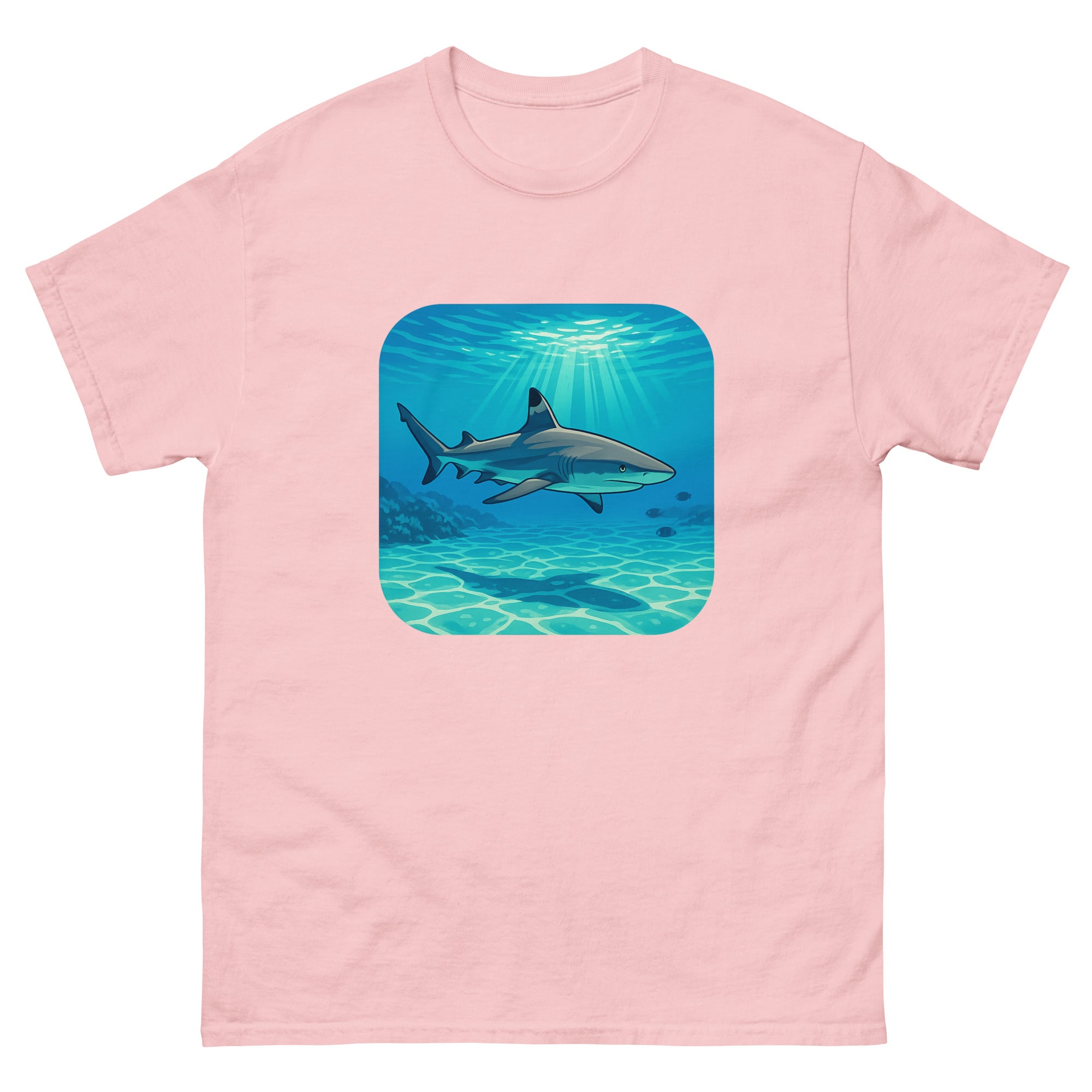 Reef Shark Cruise Hawaiian t-shirt design on a Light Pink unisex tee