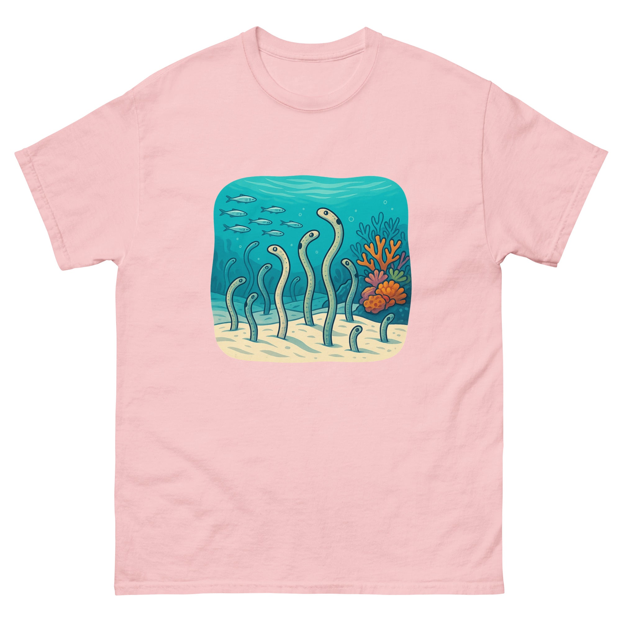 Garden Eels Reef Hawaiian t-shirt design on a Light Pink unisex tee