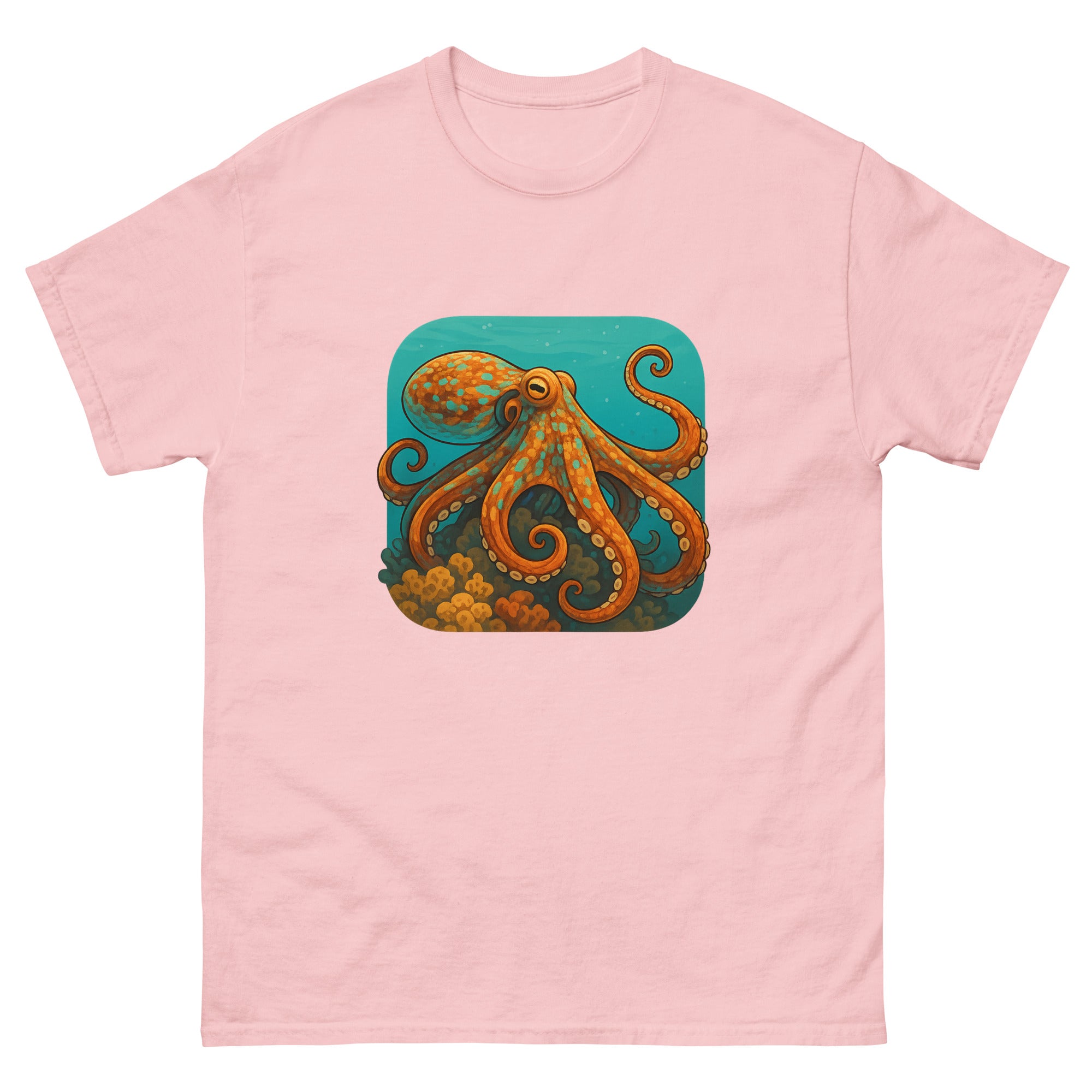 Octopus On The Reef Hawaiian t-shirt design on a Light Pink unisex tee