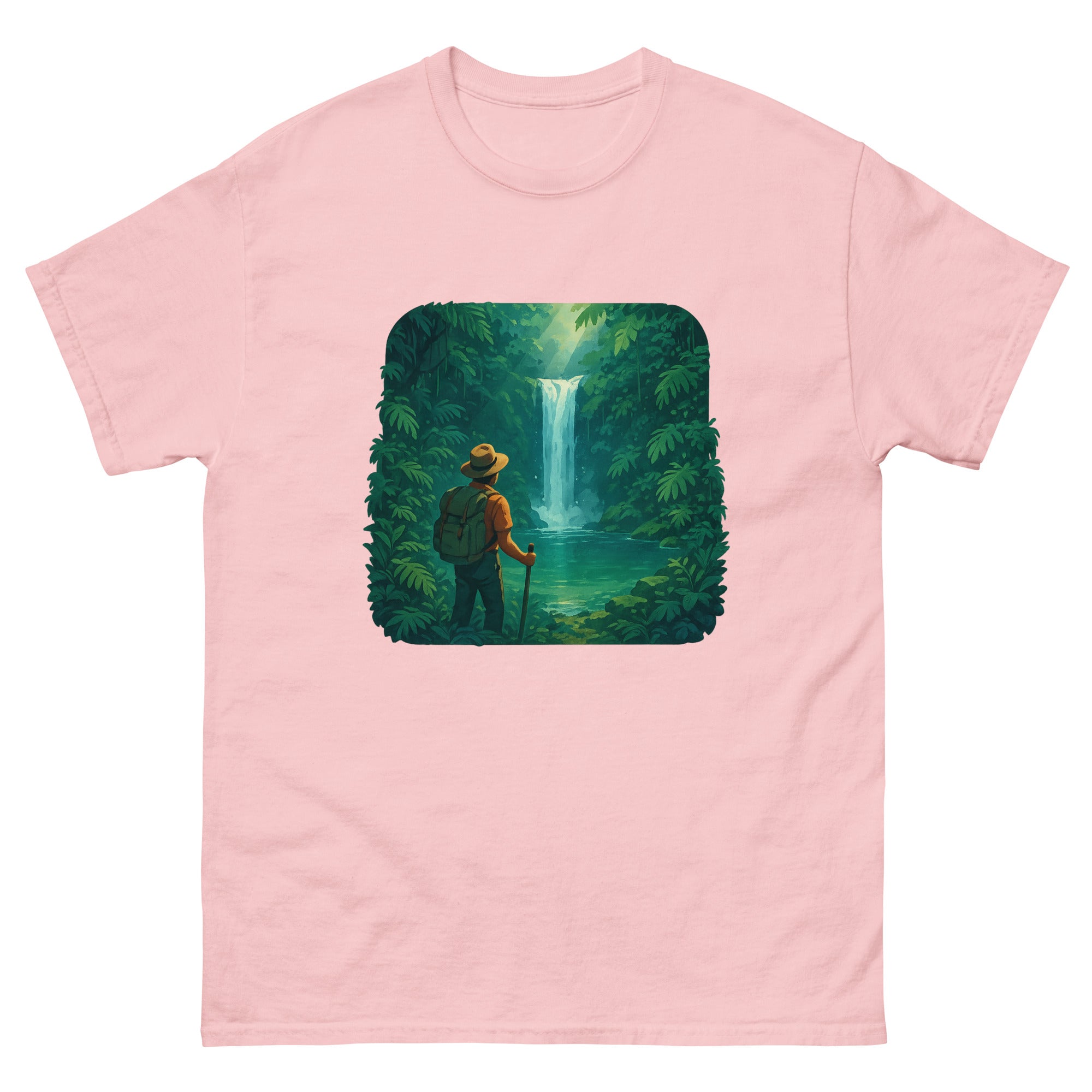 Waterfall Hike Hawaiian t-shirt design on a Light Pink unisex tee