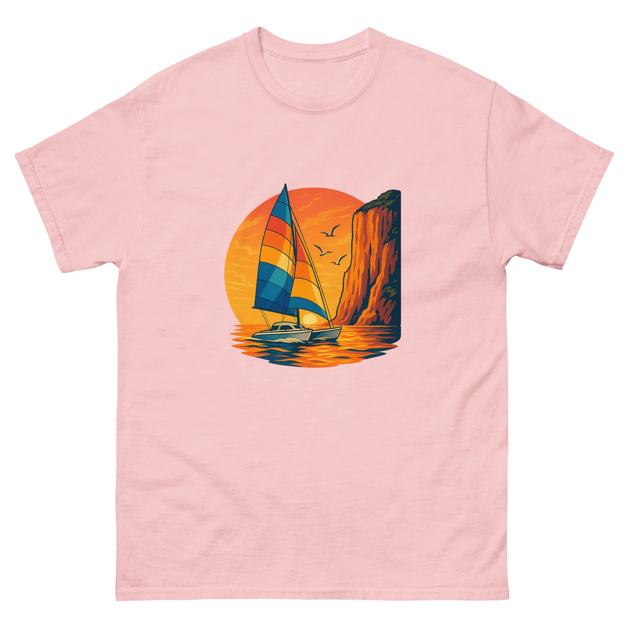 Catamaran Sunset Sail Hawaiian t-shirt design on a Light Pink unisex tee