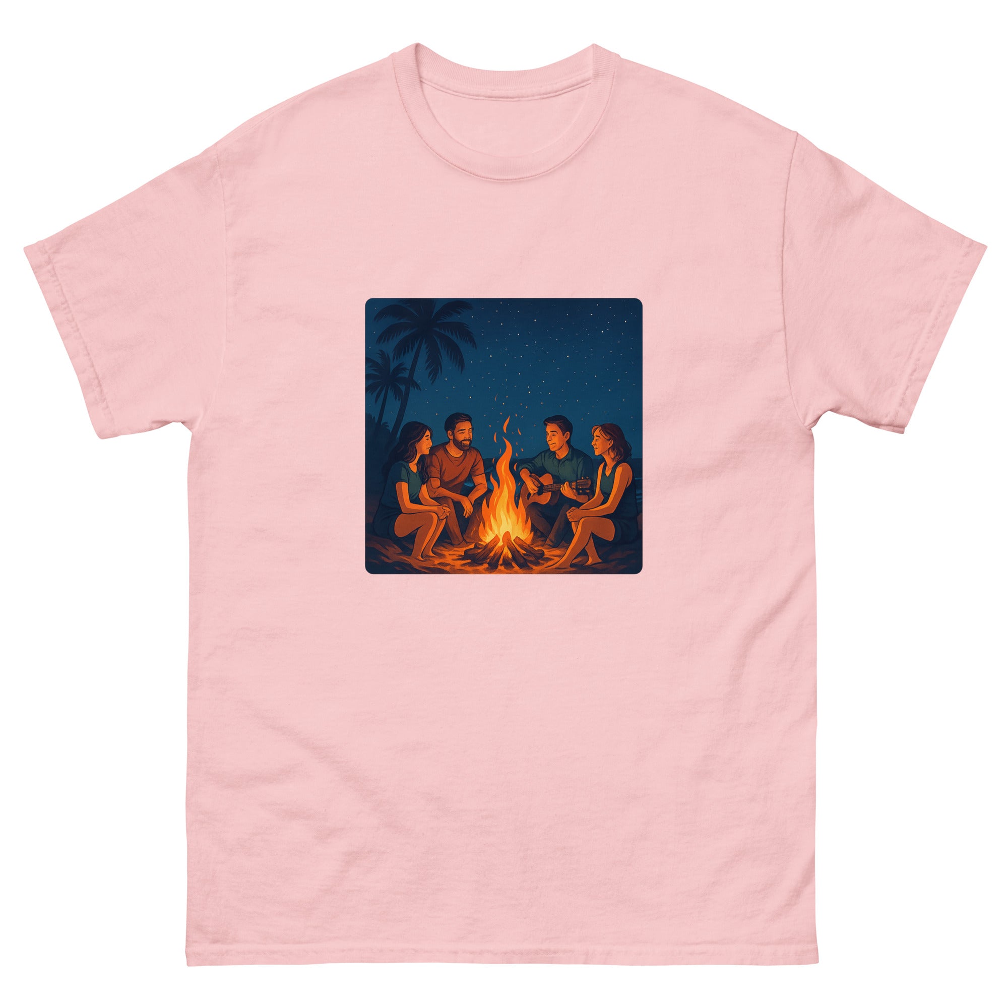 Beach Bonfire Night Hawaiian t-shirt design on a Light Pink unisex tee