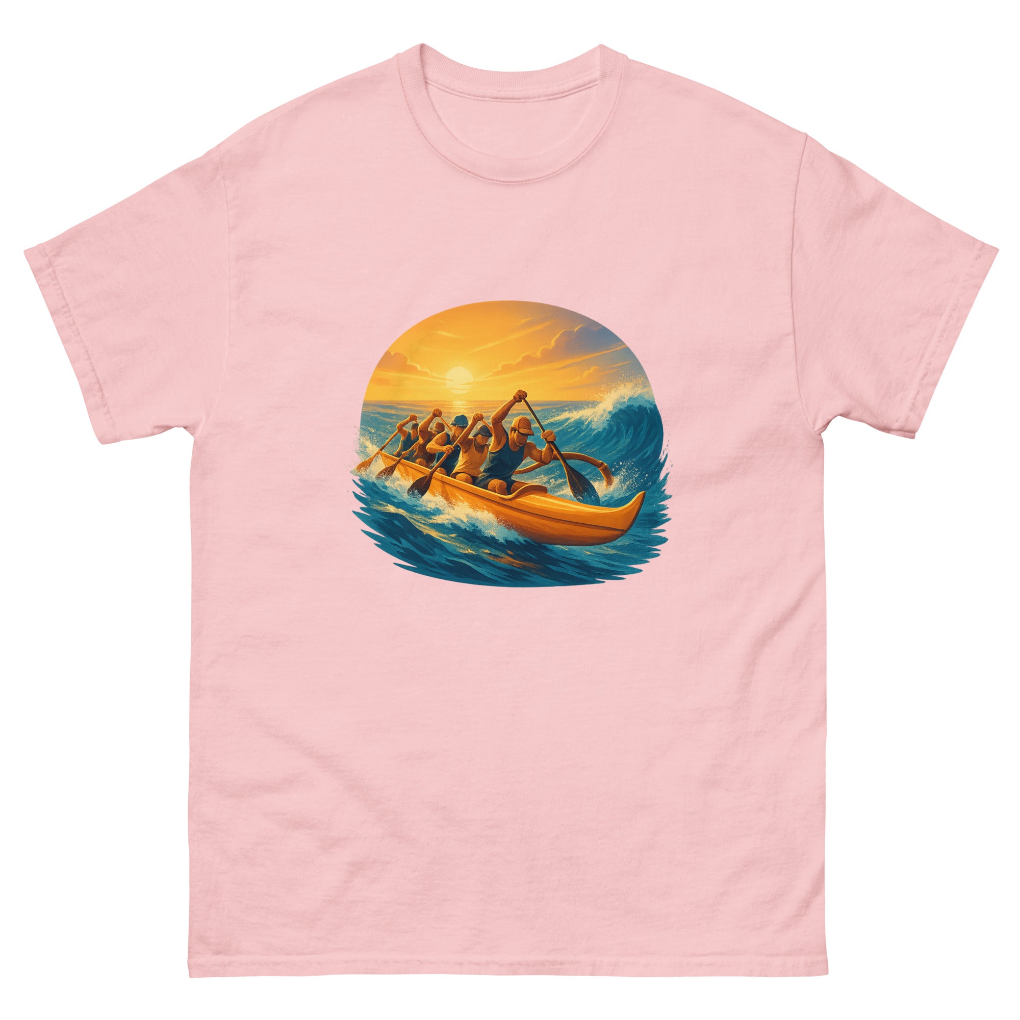 Outrigger Canoe Paddlers Hawaiian t-shirt design on a Light Pink unisex tee