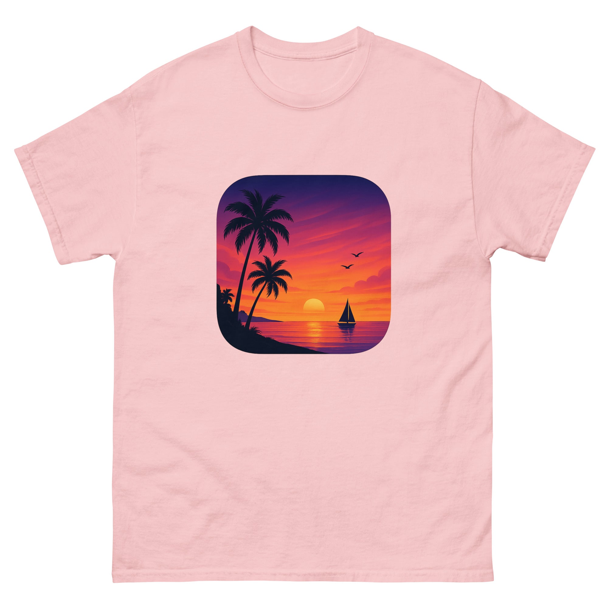 Sunset Palms Panorama Hawaiian t-shirt design on a Light Pink unisex tee