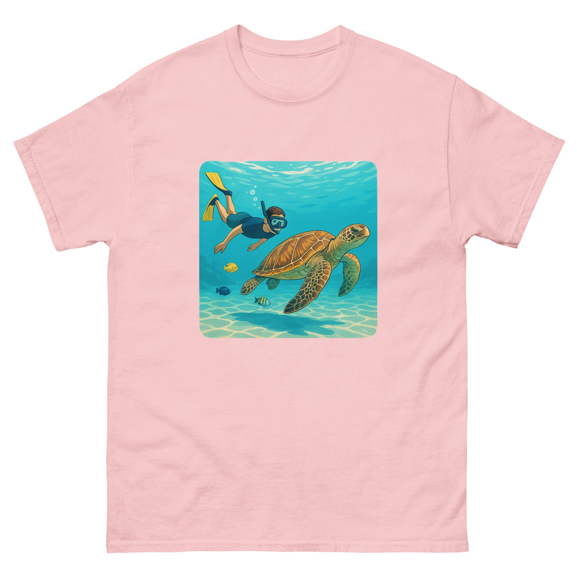 Snorkeler And Turtle Hawaiian t-shirt design on a Light Pink unisex tee