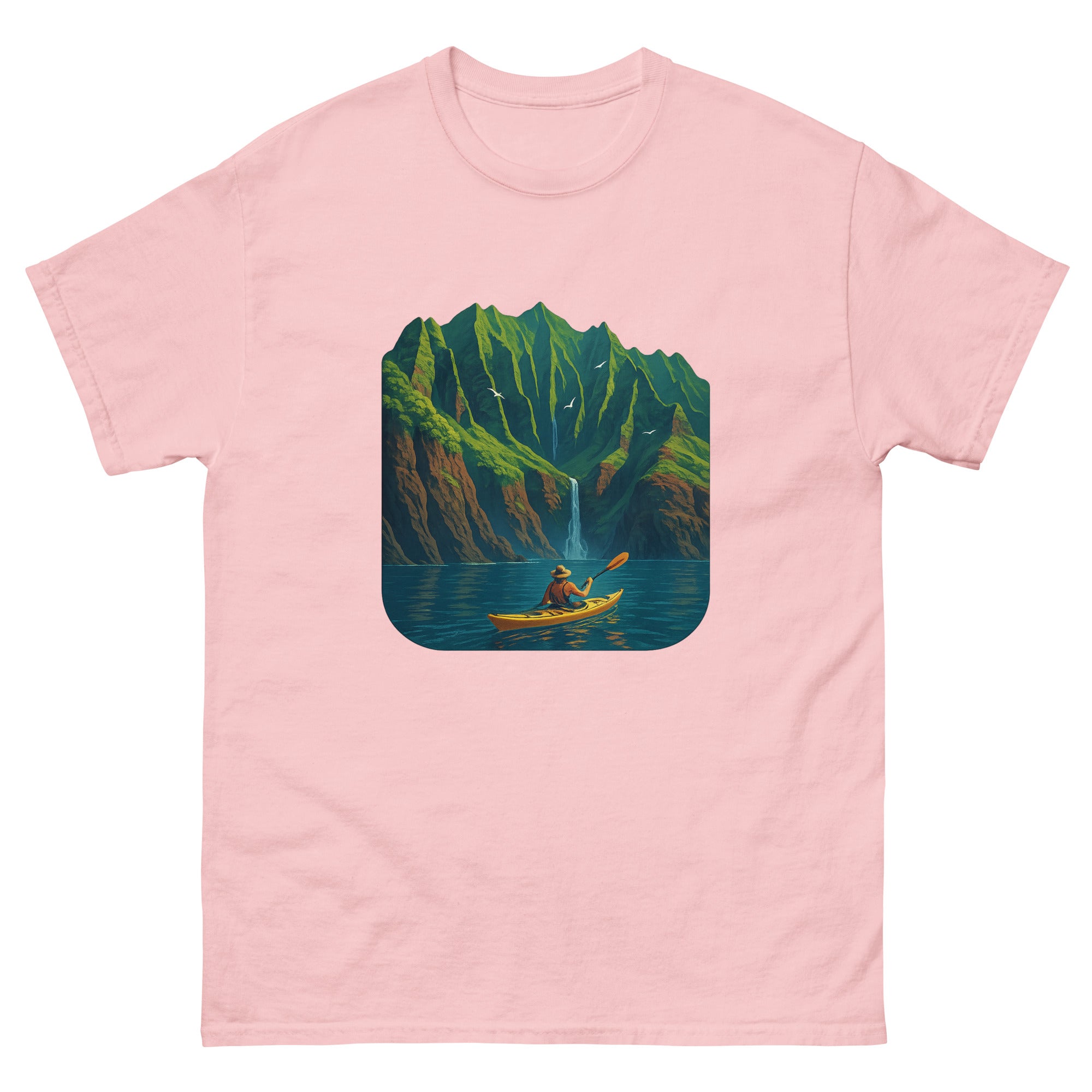 Kayaking The Coast Hawaiian t-shirt design on a Light Pink unisex tee