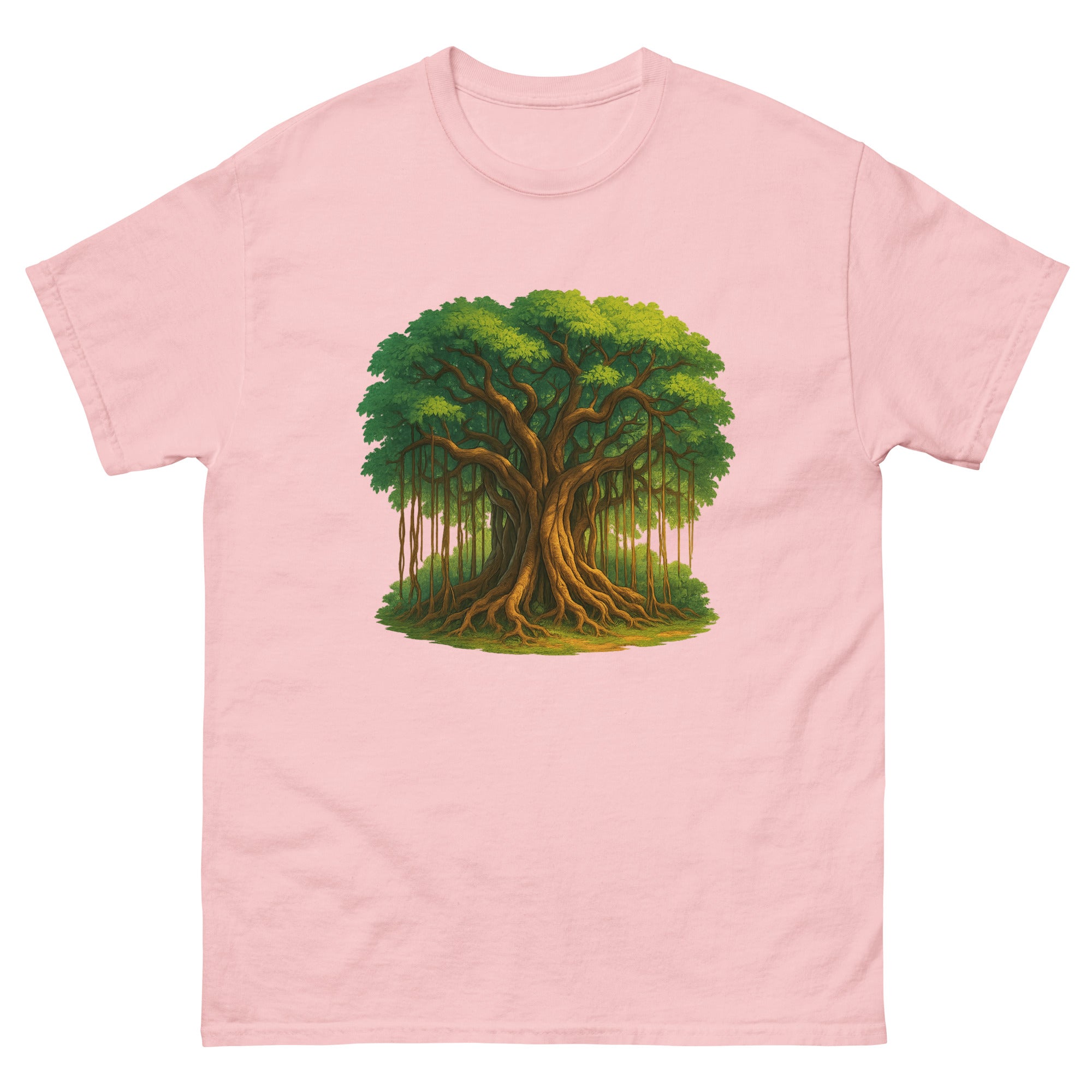 Banyan Tree Hawaiian t-shirt design on a Light Pink unisex tee
