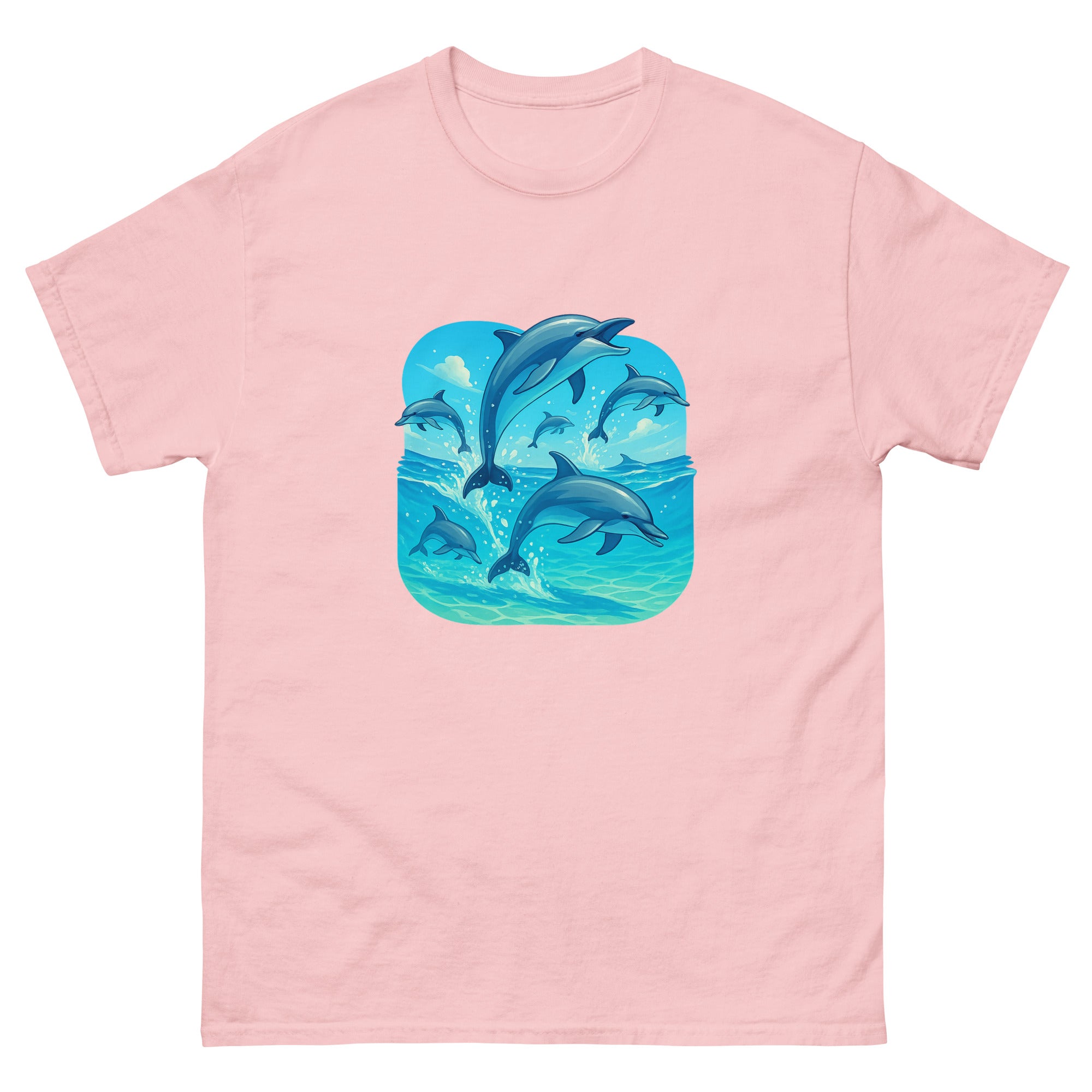 Spinner Dolphin Pod Hawaiian t-shirt design on a Light Pink unisex tee