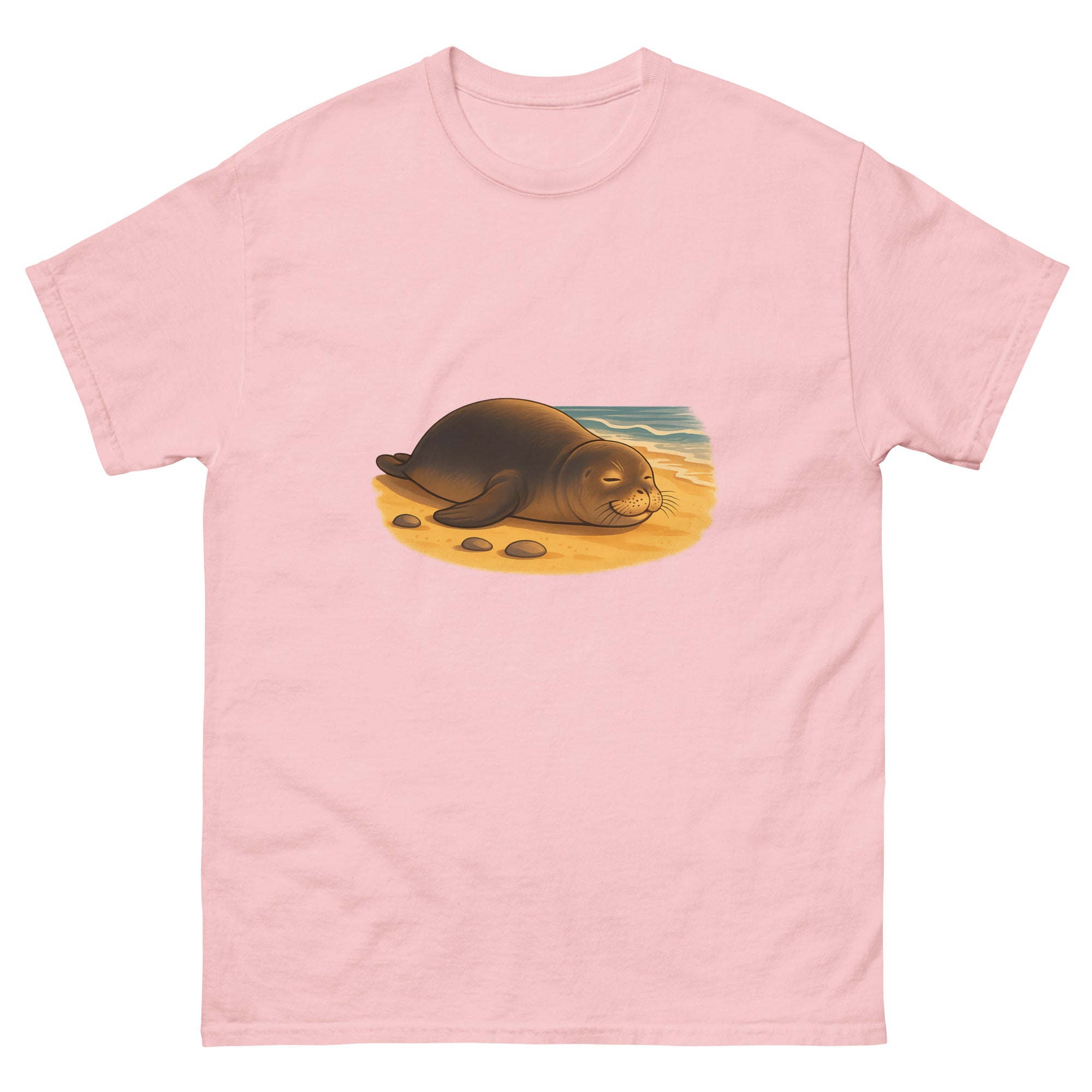 Hawaiian Monk Seal Hawaiian t-shirt design on a Light Pink unisex tee