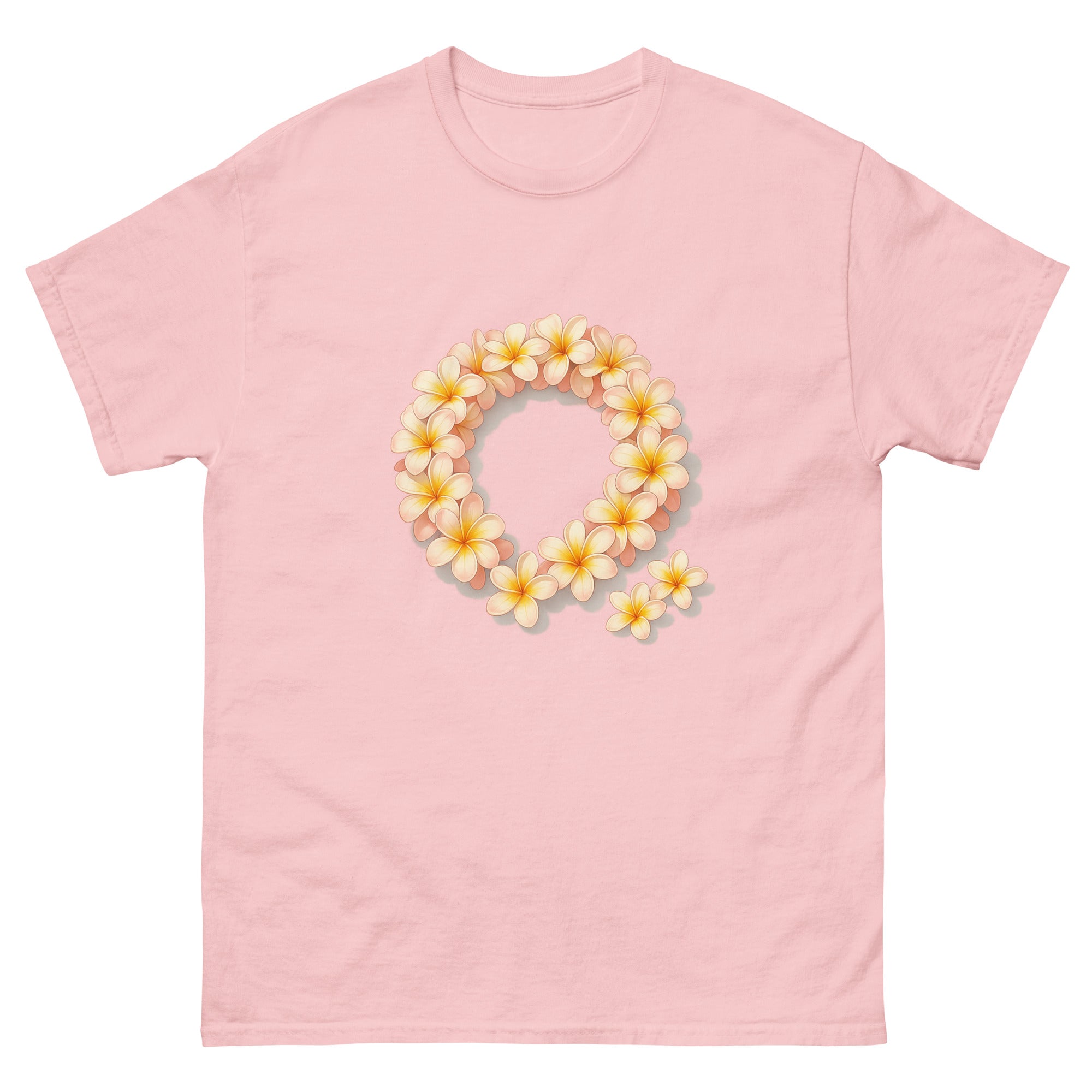 Plumeria Lei Hawaiian t-shirt design on a Light Pink unisex tee