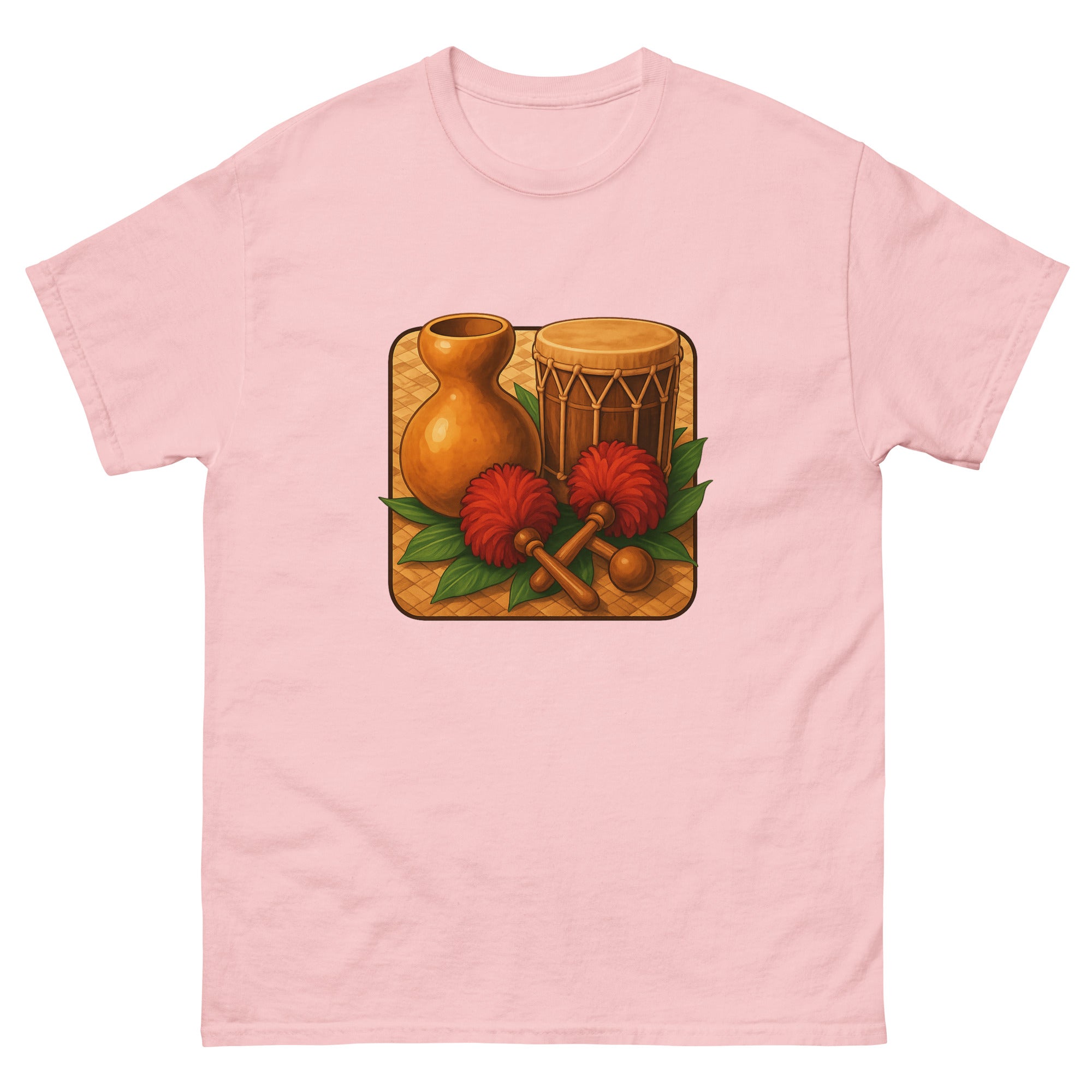 Hula Instruments Hawaiian t-shirt design on a Light Pink unisex tee
