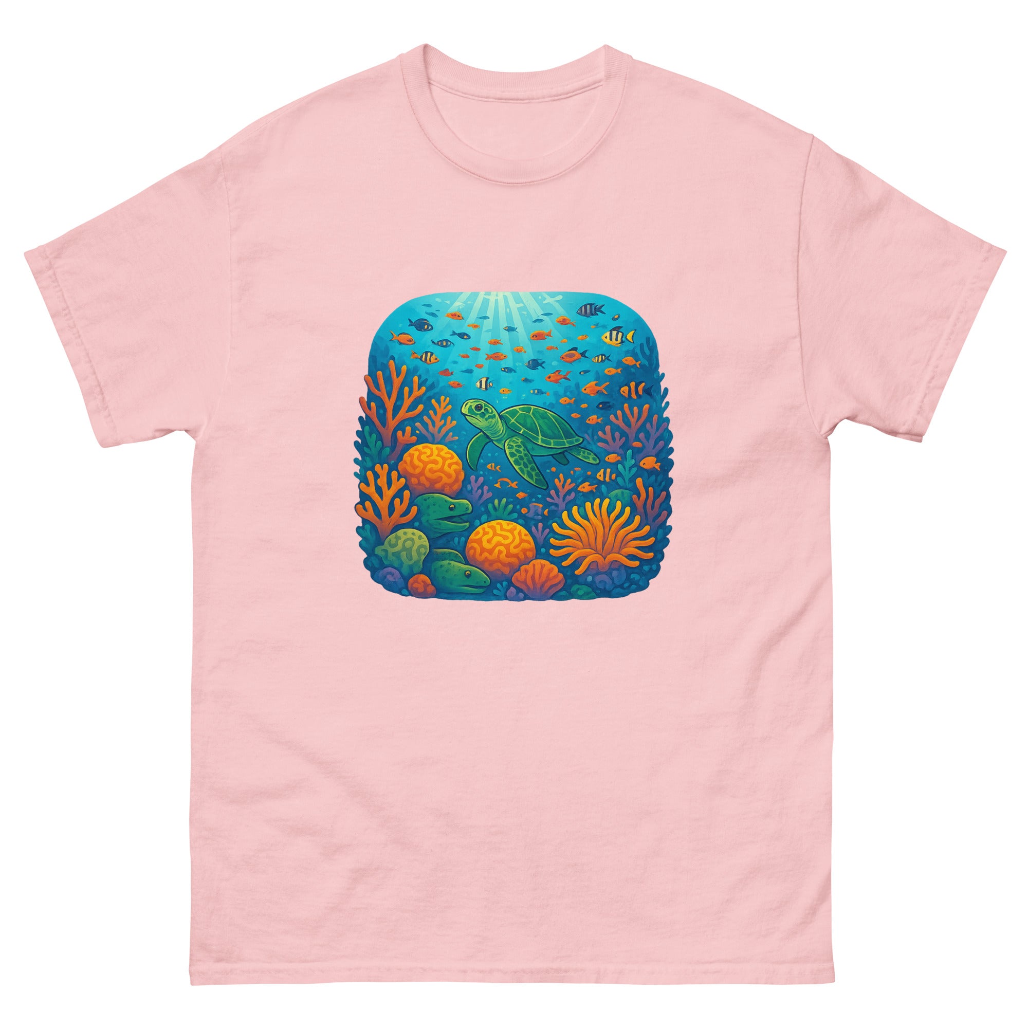 Coral Reef Garden Hawaiian t-shirt design on a Light Pink unisex tee