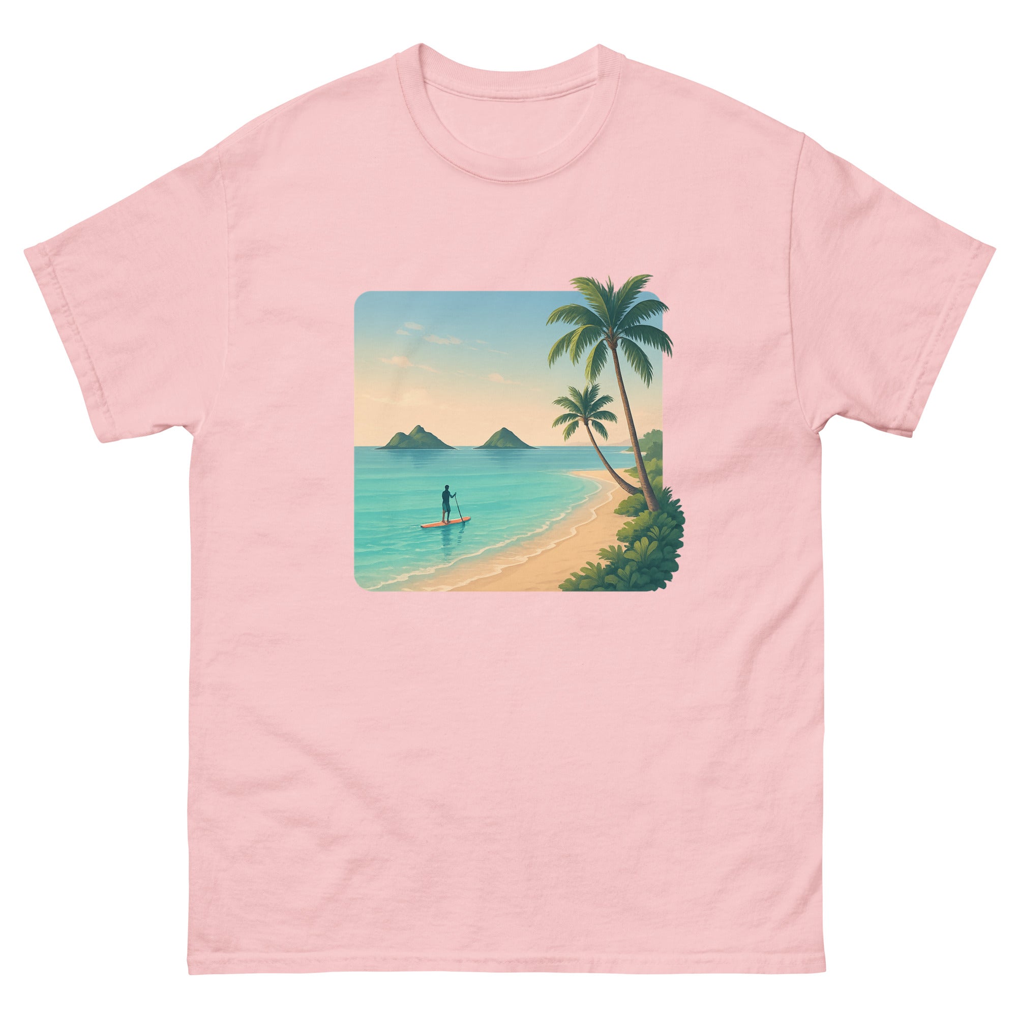 Lanikai Mokulua Hawaiian t-shirt design on a Light Pink unisex tee