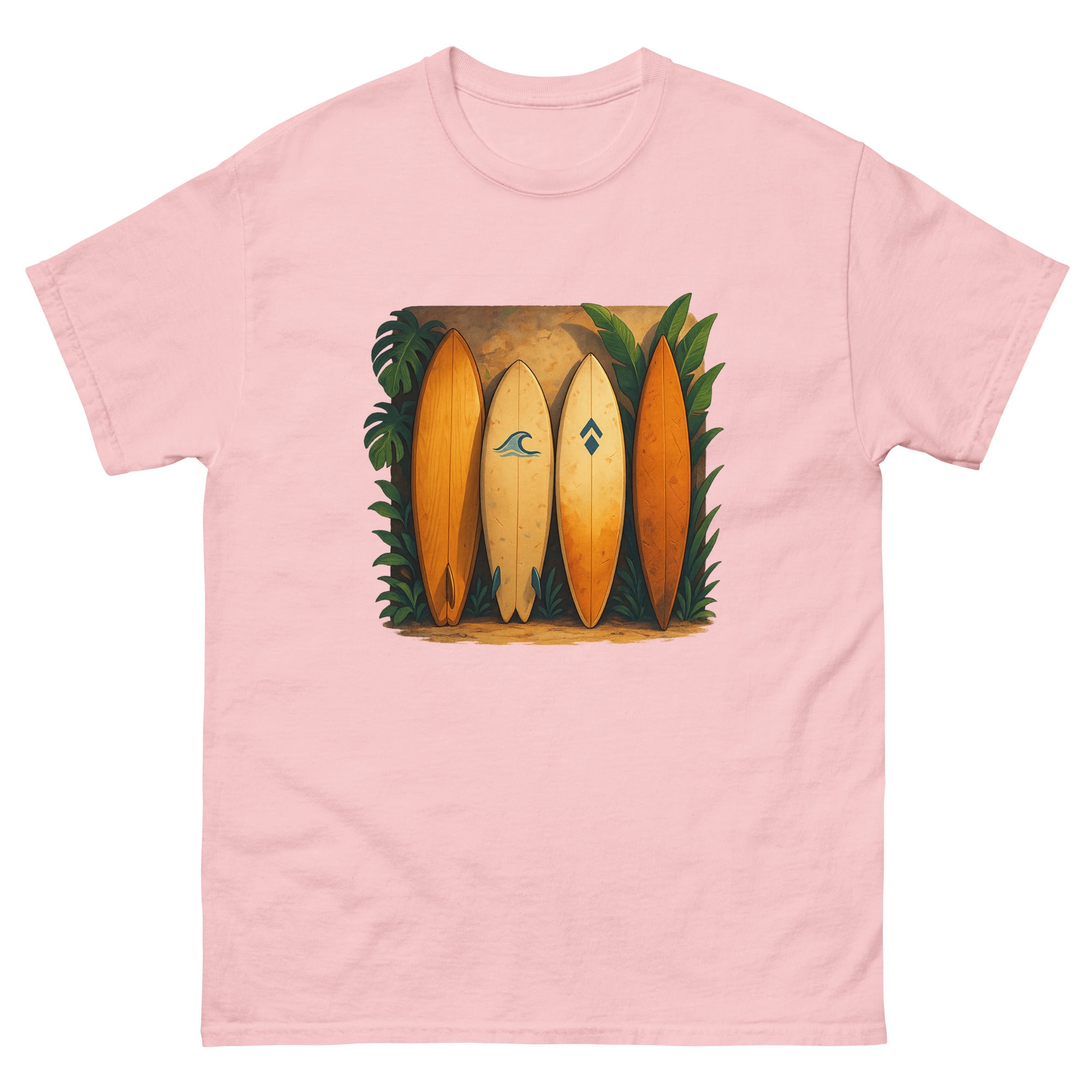 Surfboard Quiver Hawaiian t-shirt design on a Light Pink unisex tee