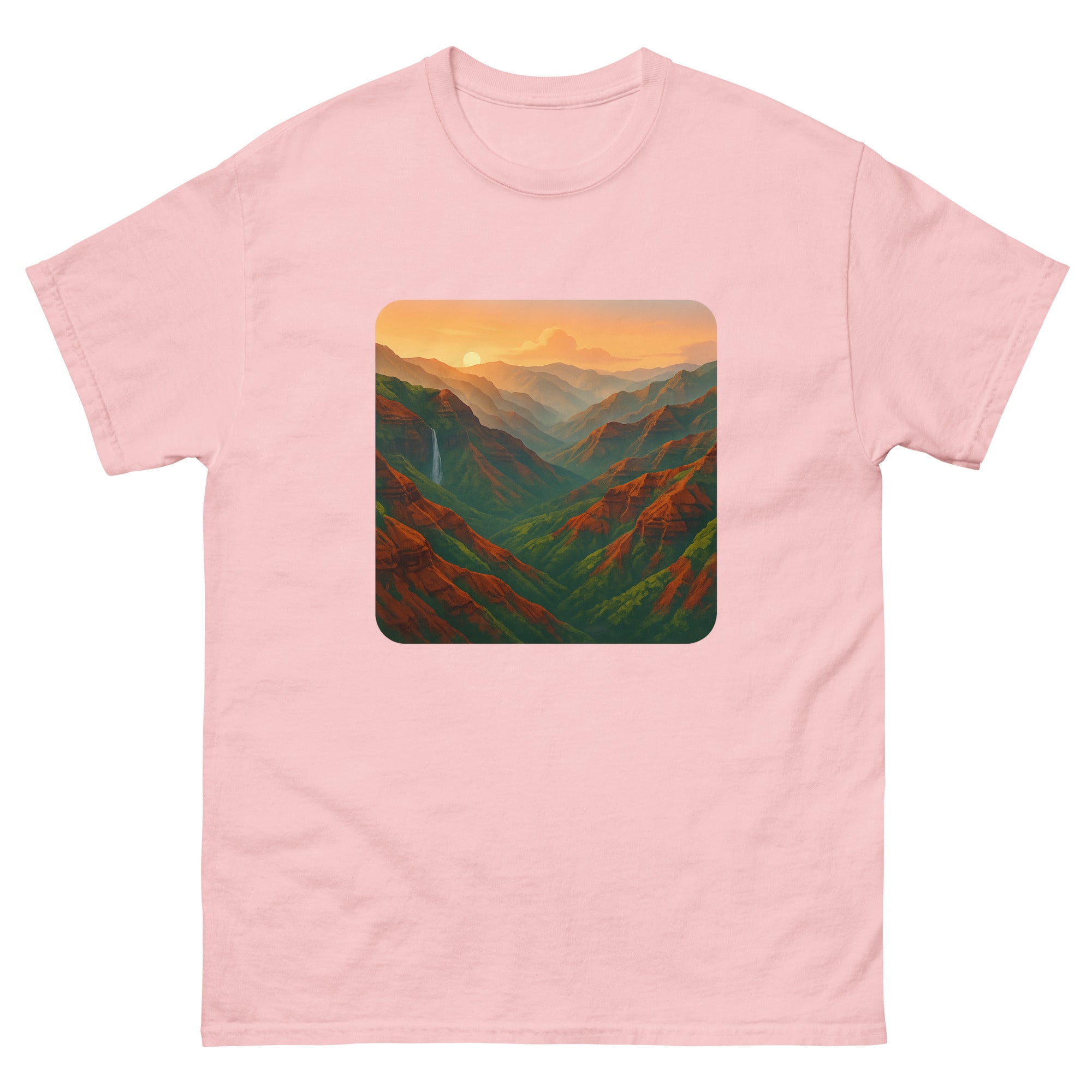 Waimea Canyon Sunrise Hawaiian t-shirt design on a Light Pink unisex tee