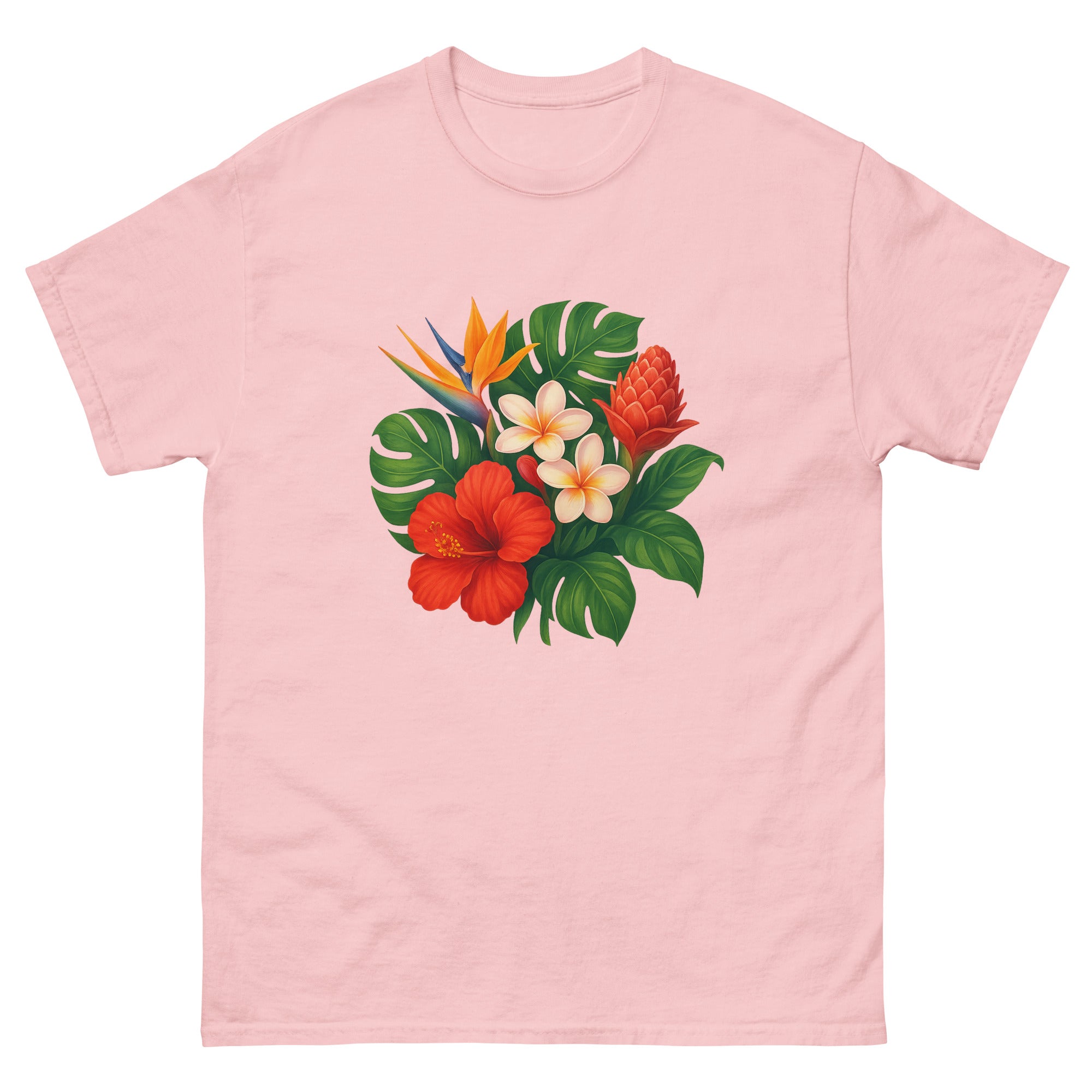 Tropical Flora Bouquet Hawaiian t-shirt design on a Light Pink unisex tee