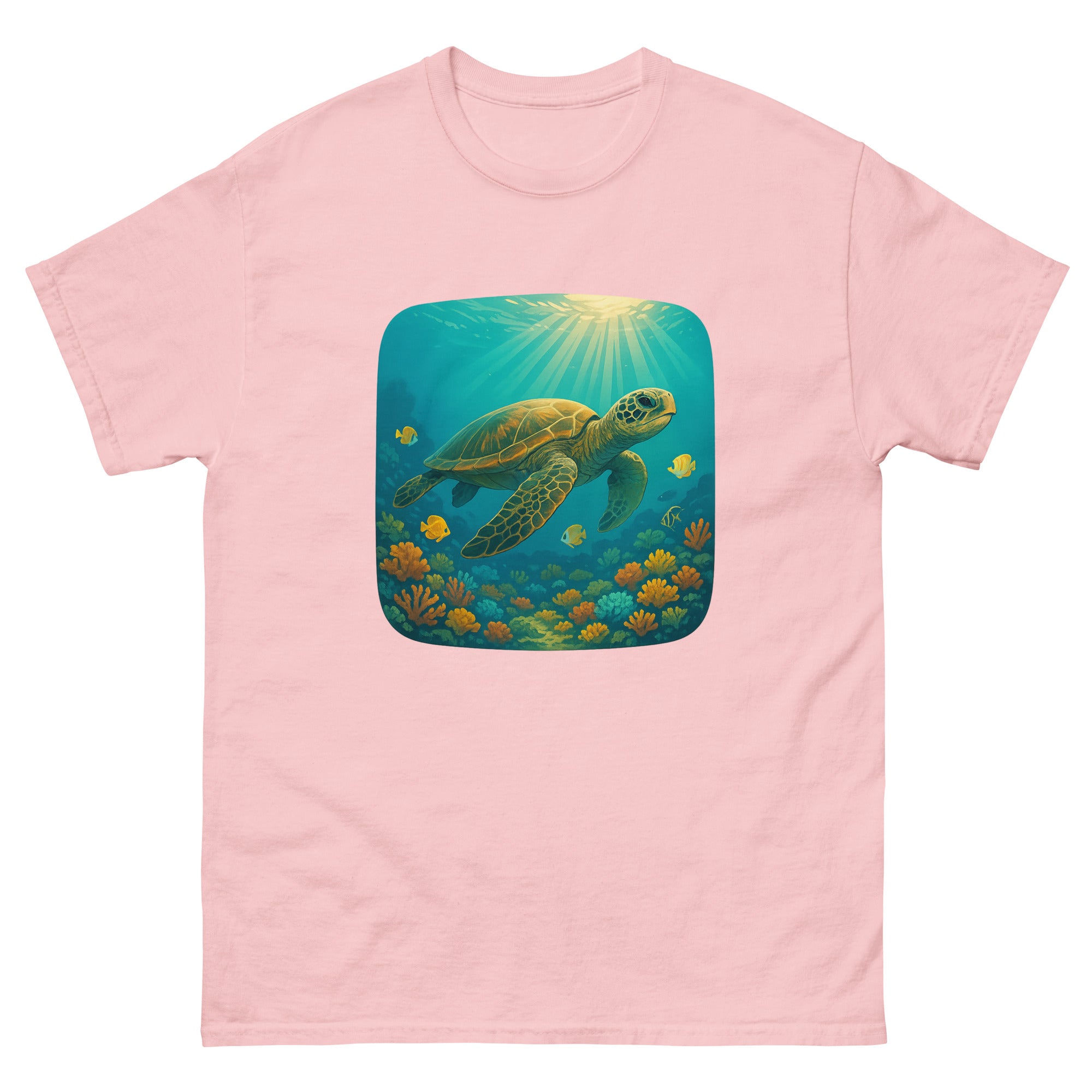 Honu Reef Scene Hawaiian t-shirt design on a Light Pink unisex tee