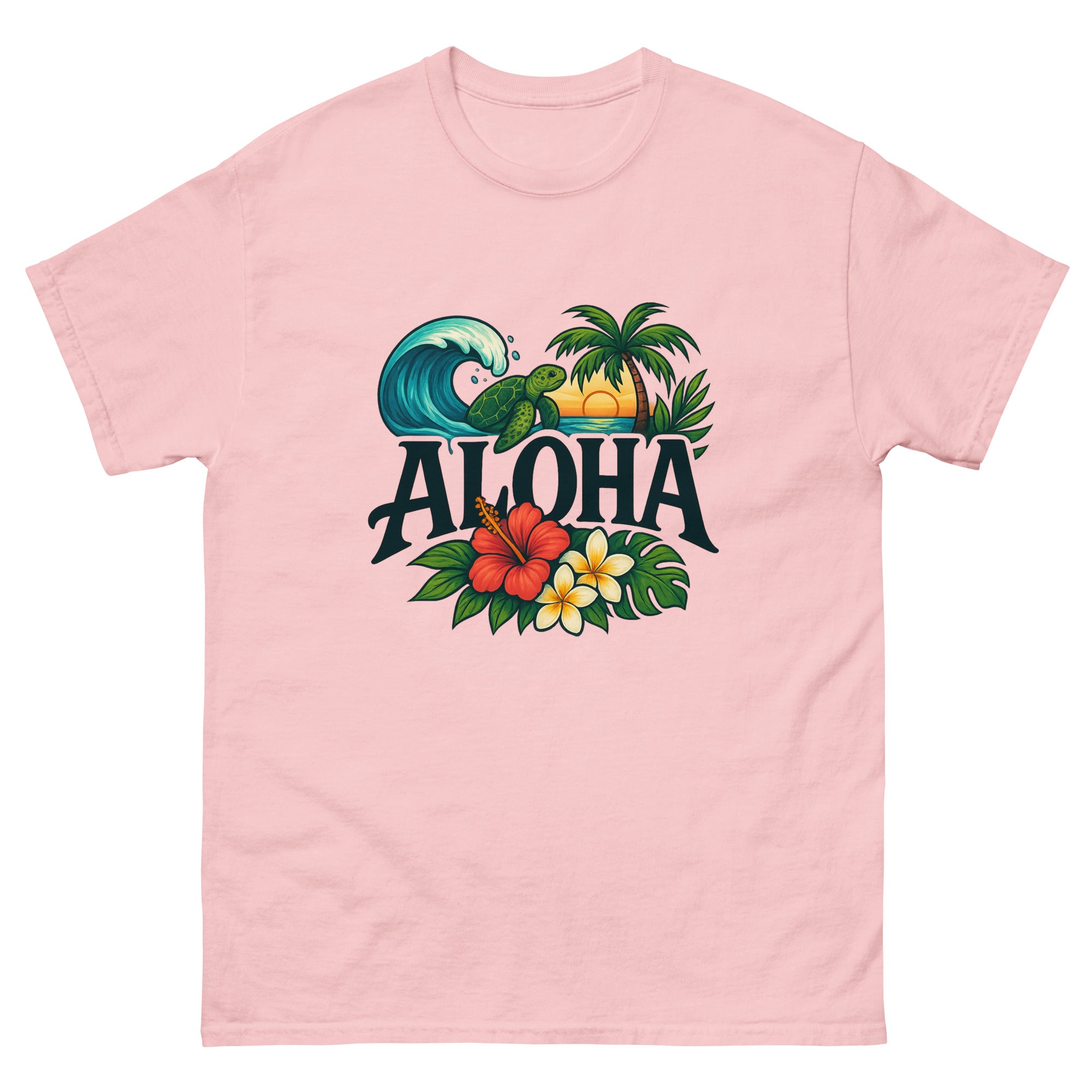 Aloha Illustrated Type Hawaiian t-shirt design on a Light Pink unisex tee