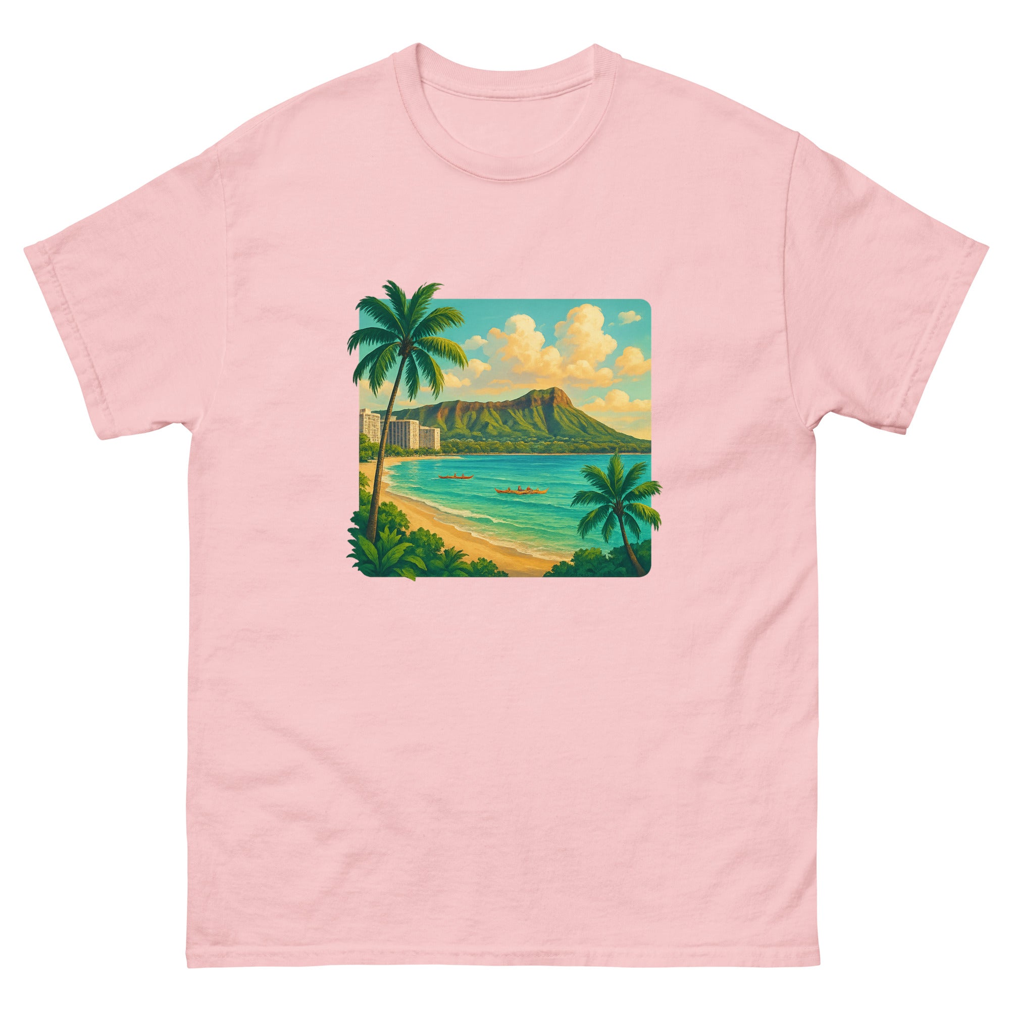Diamond Head Vista Hawaiian t-shirt design on a Light Pink unisex tee