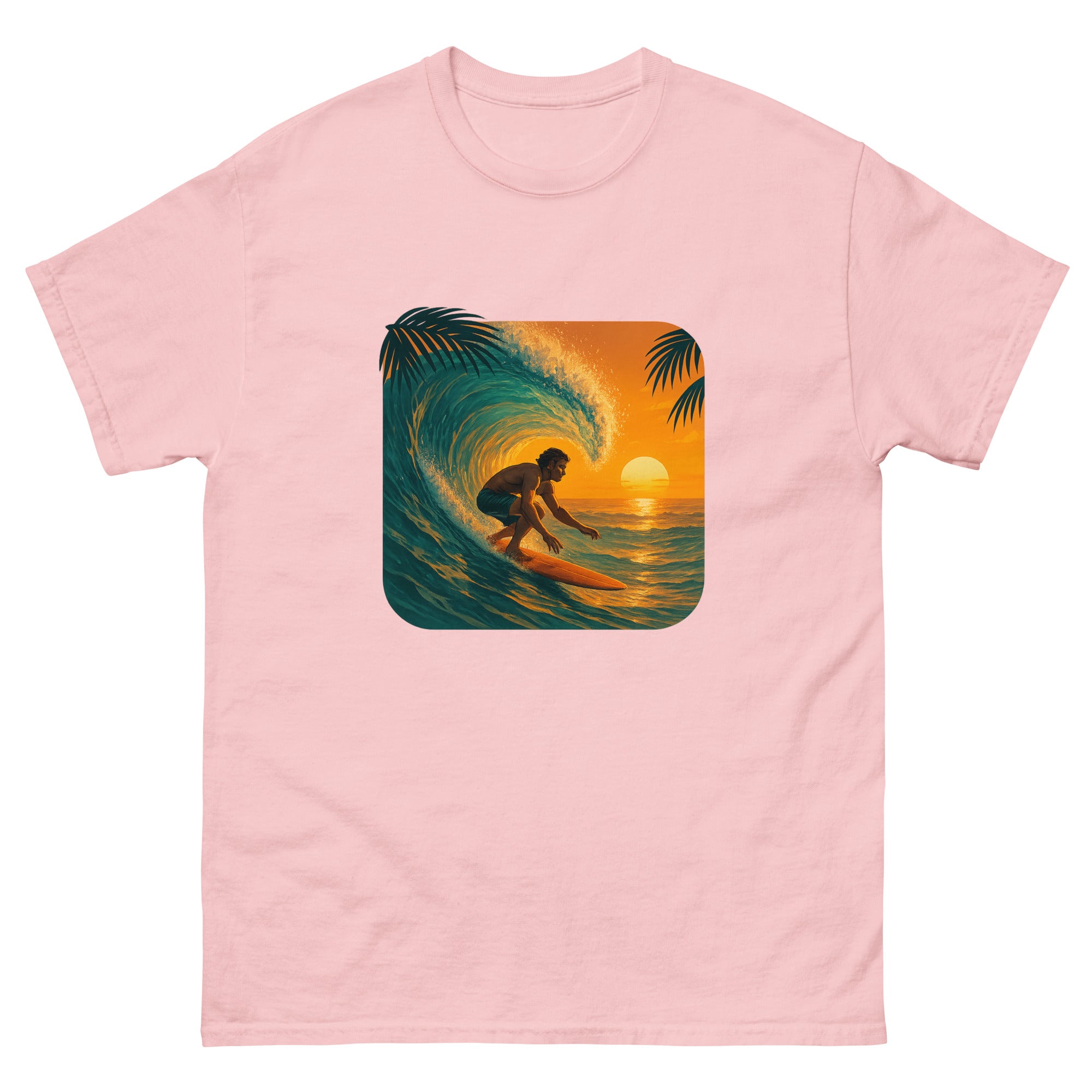 Golden Hour Surf Hawaiian t-shirt design on a Light Pink unisex tee