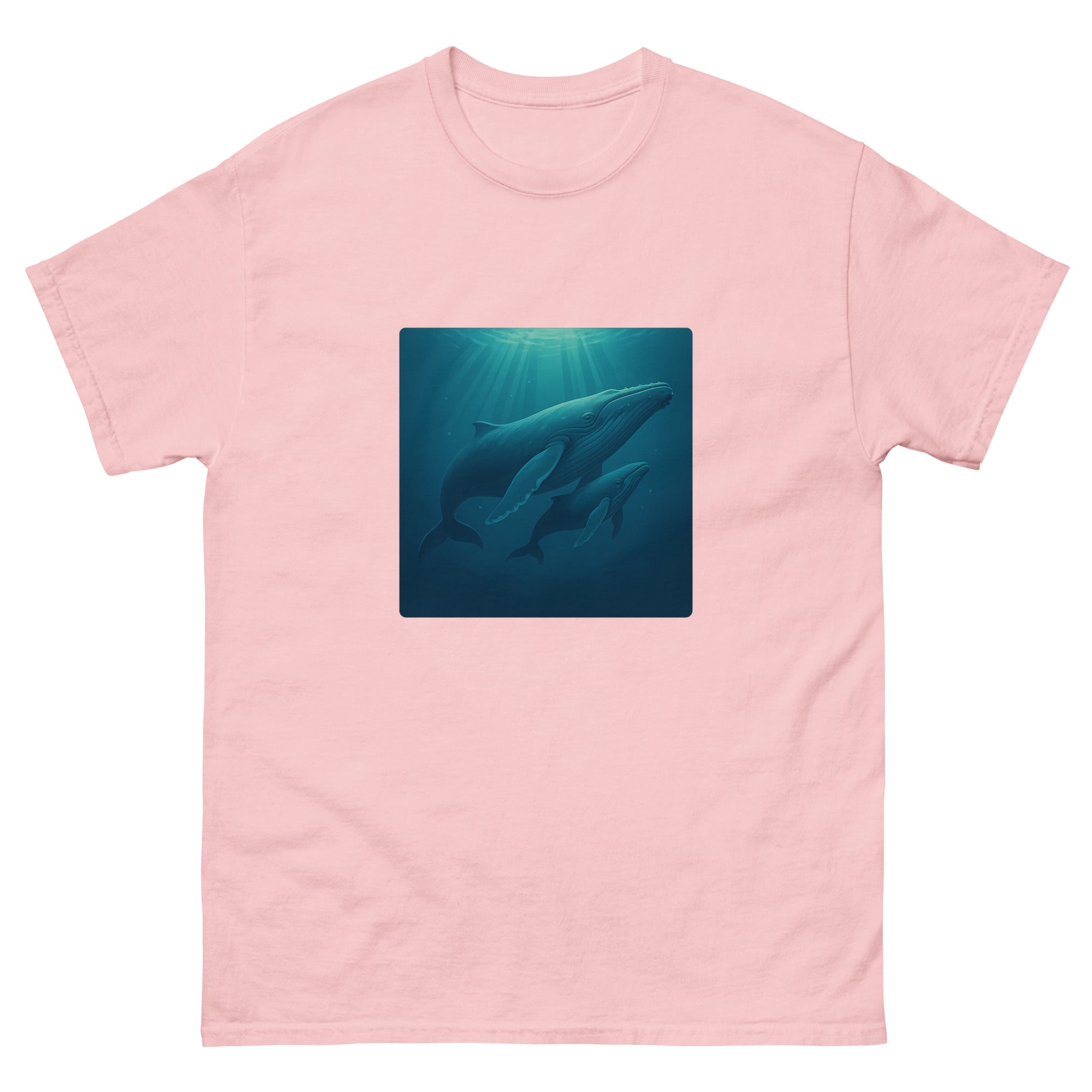 Humpback And Calf Hawaiian t-shirt design on a Light Pink unisex tee