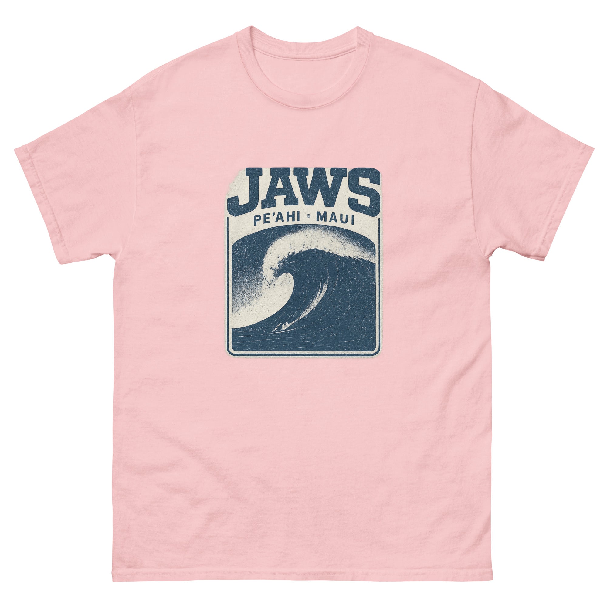 Jaws Peahi Hawaiian t-shirt design on a Light Pink unisex tee