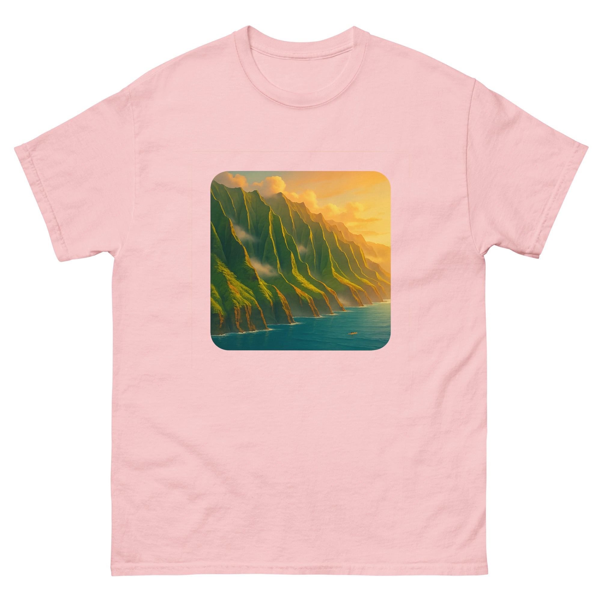 Na Pali Coast Hawaiian t-shirt design on a Light Pink unisex tee