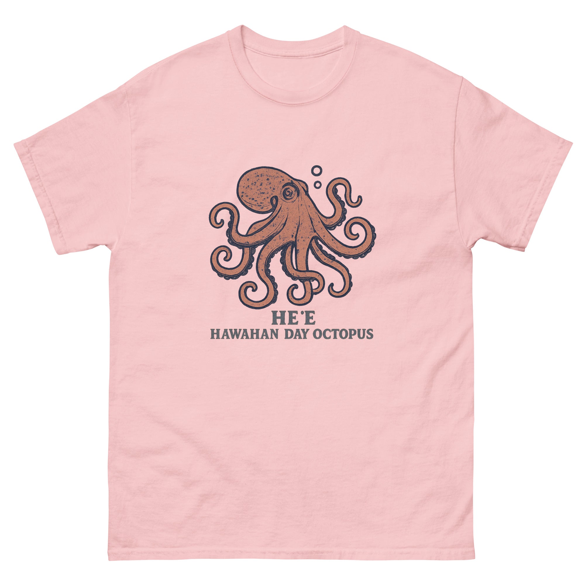 Hee Octopus Hawaiian t-shirt design on a Light Pink unisex tee