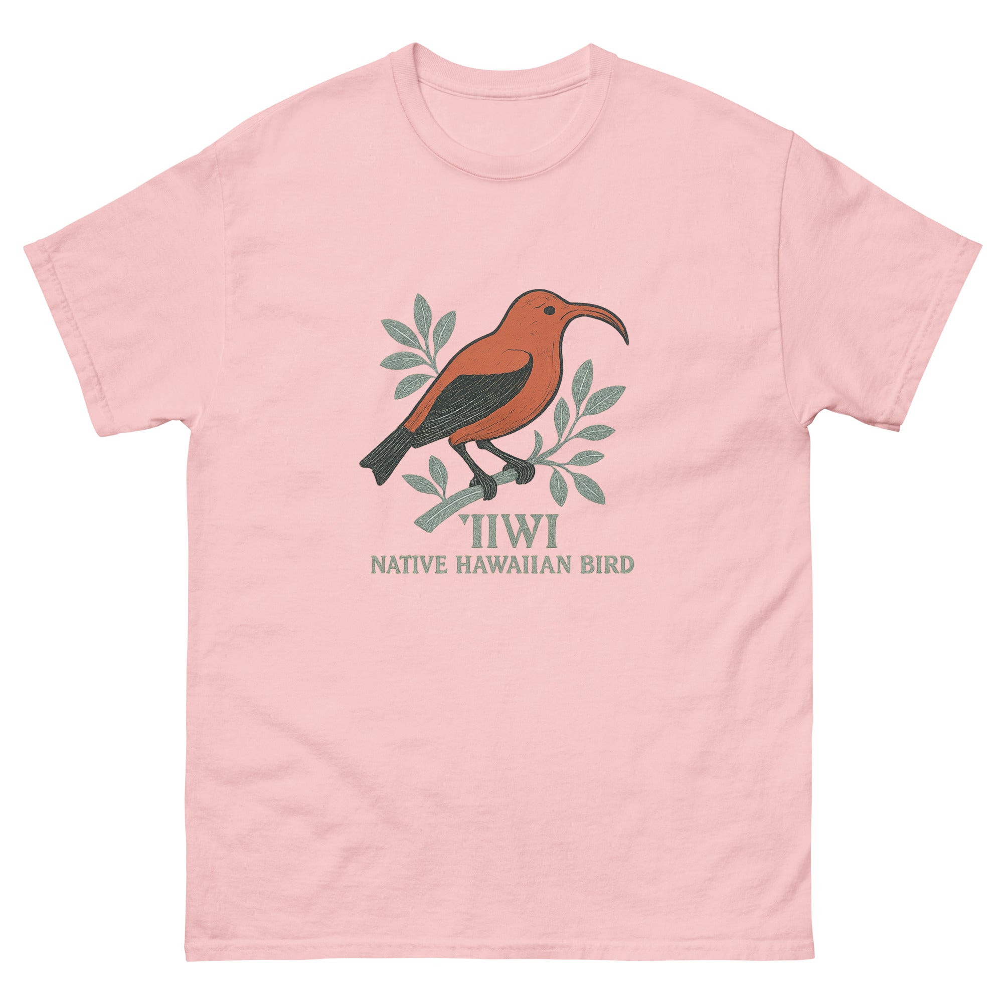 Iiwi Bird Hawaiian t-shirt design on a Light Pink unisex tee