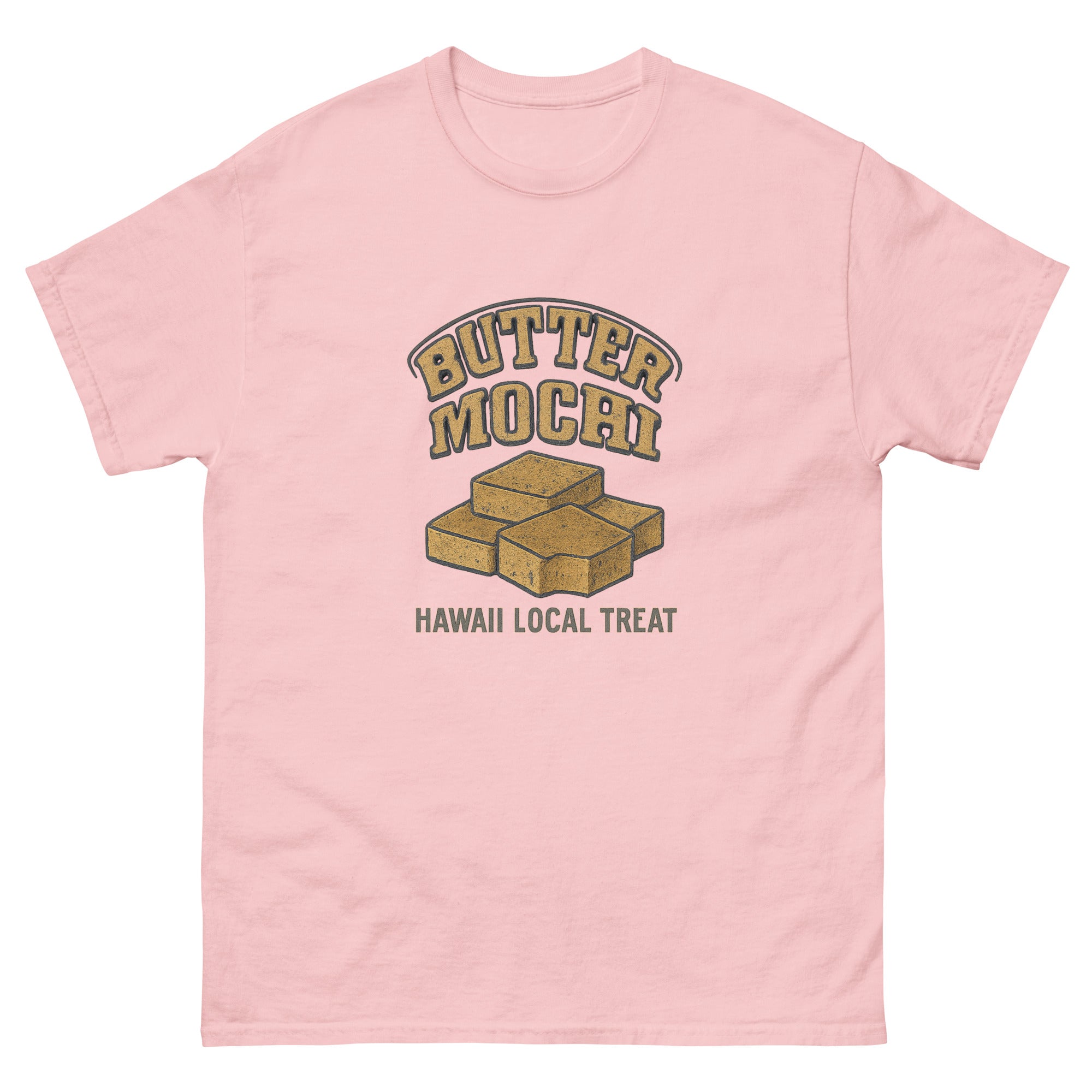 Butter Mochi Hawaiian t-shirt design on a Light Pink unisex tee