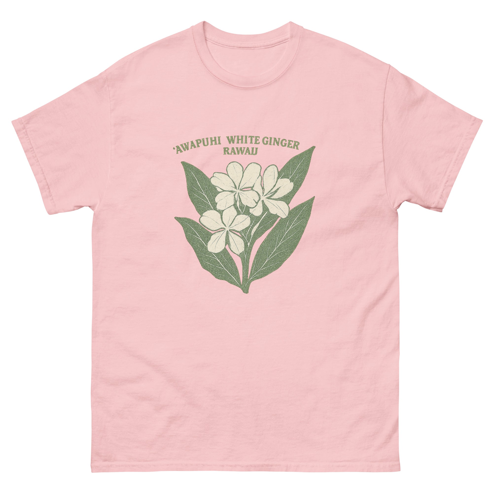 White Ginger Hawaiian t-shirt design on a Light Pink unisex tee